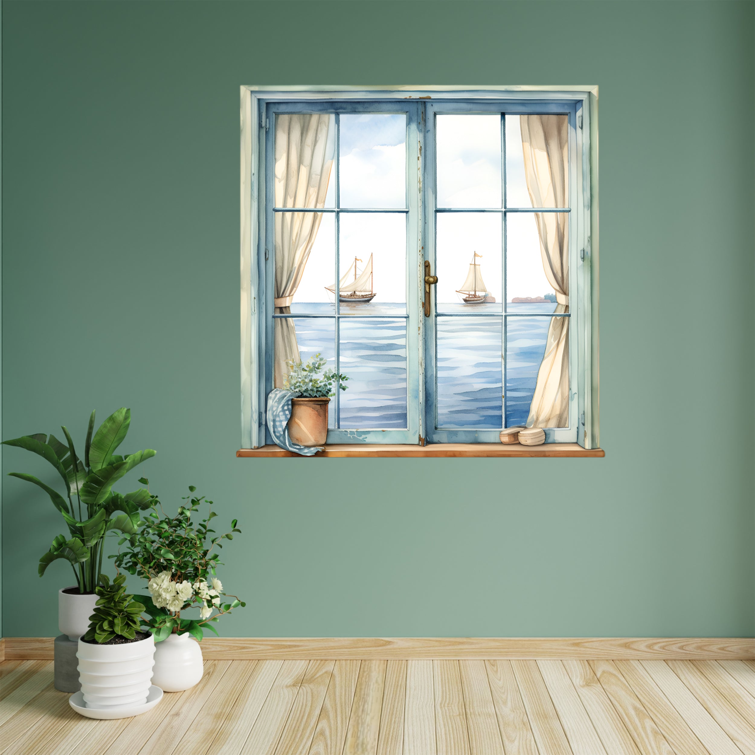 Wandtattoo mit Fensterblick auf Segelboote im Wohnraum