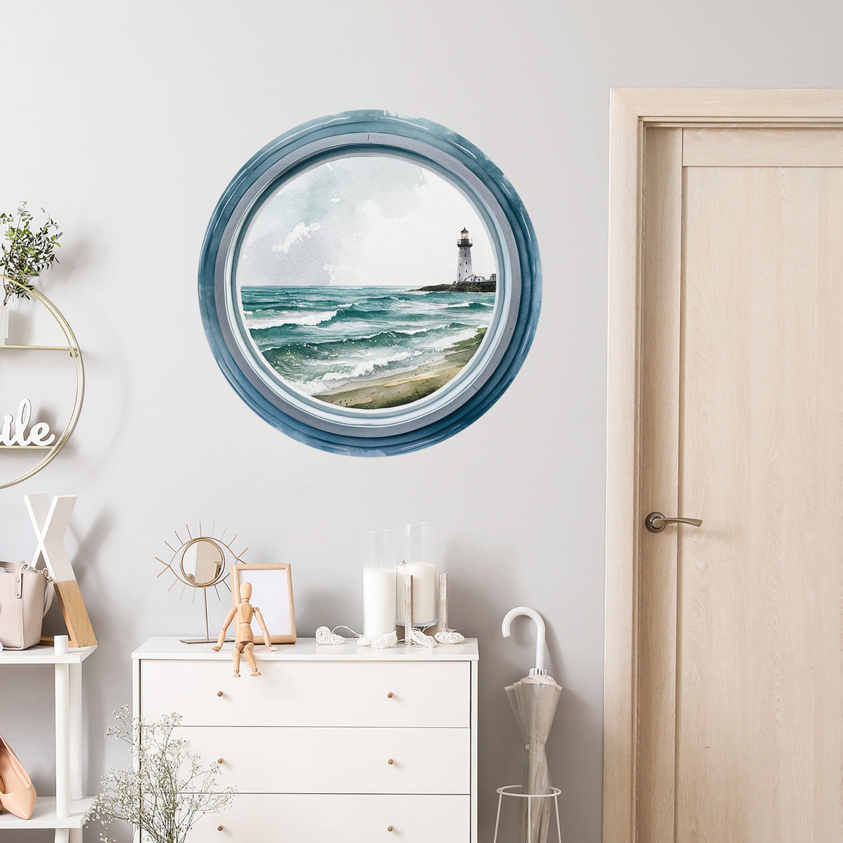 Wandtattoo mit rundem Fensterblick auf Leuchtturm und Meer