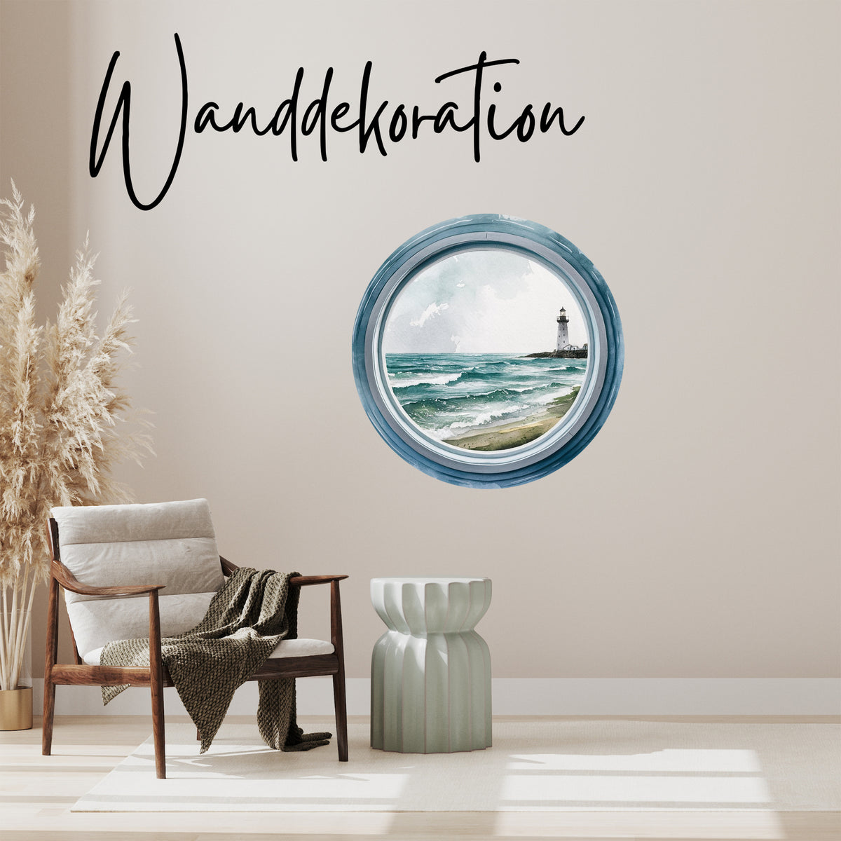 Wandtattoo mit rundem Fensterblick auf Leuchtturm an grüner Wand
