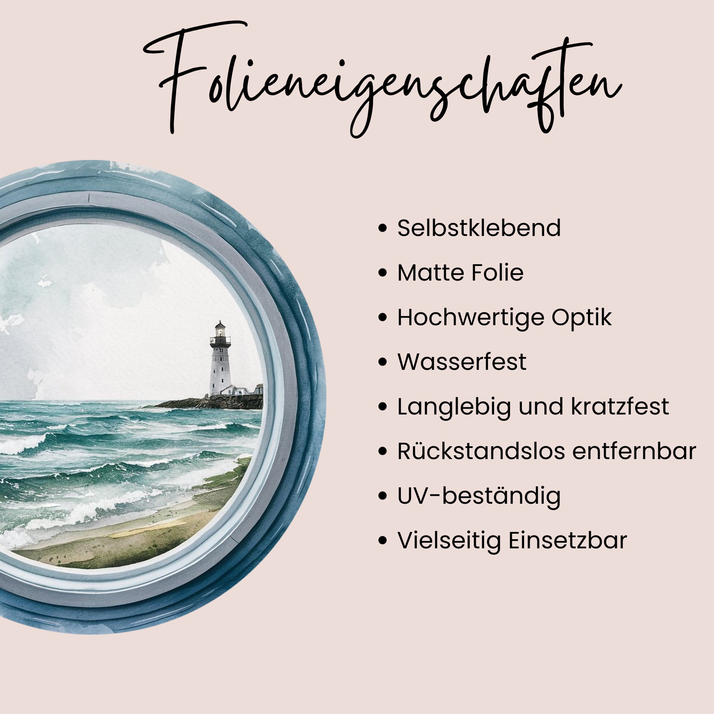 Wandtattoo mit rundem Fensterblick auf Leuchtturm im Wohnraum
