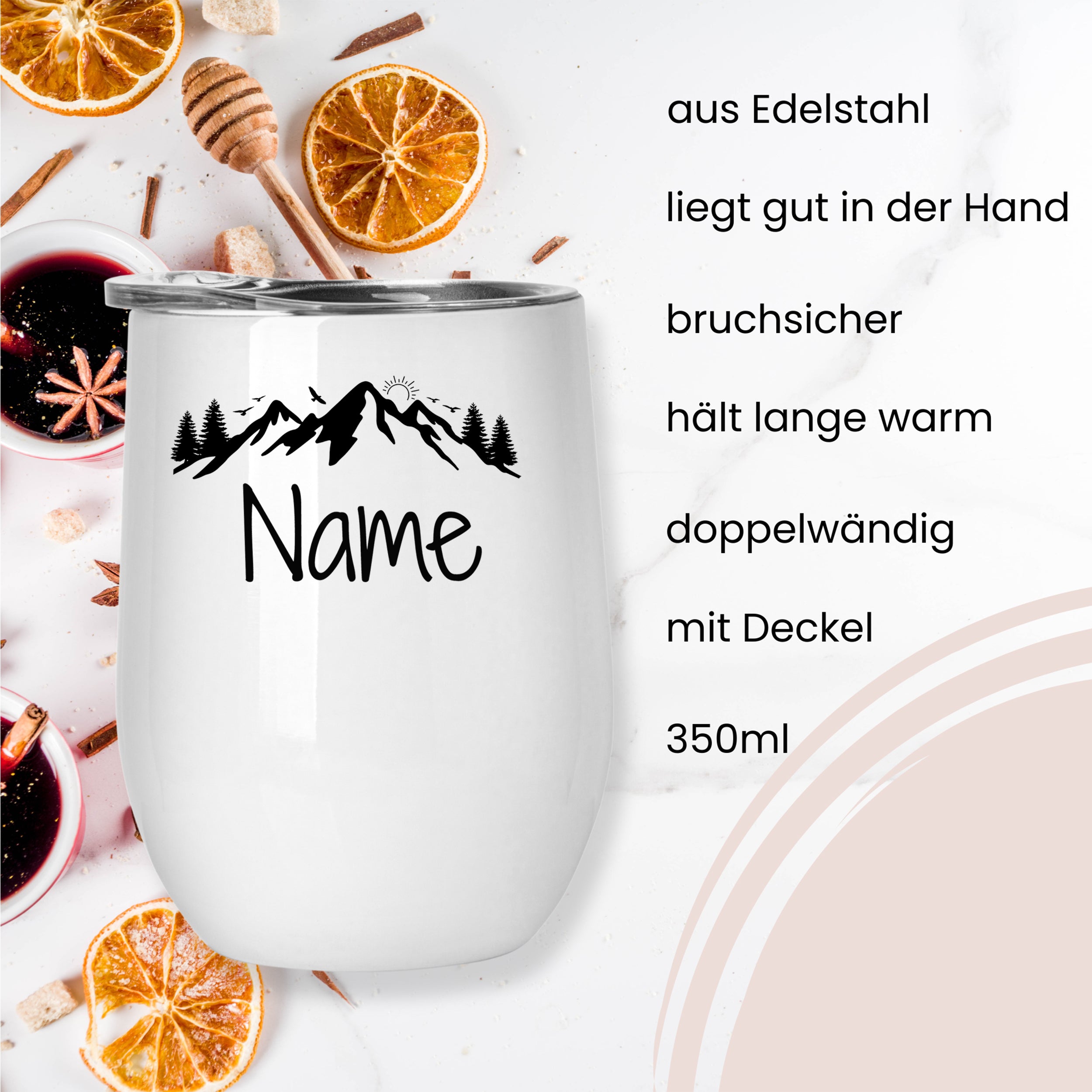 Edelstahlbecher mit Bergmotiv, bruchsicher, 350ml, doppelwandig.