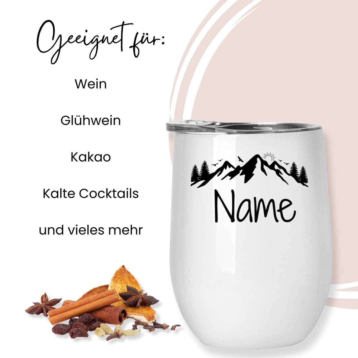 Weißer Becher mit Bergmotiv und personalisierbarem Namen.