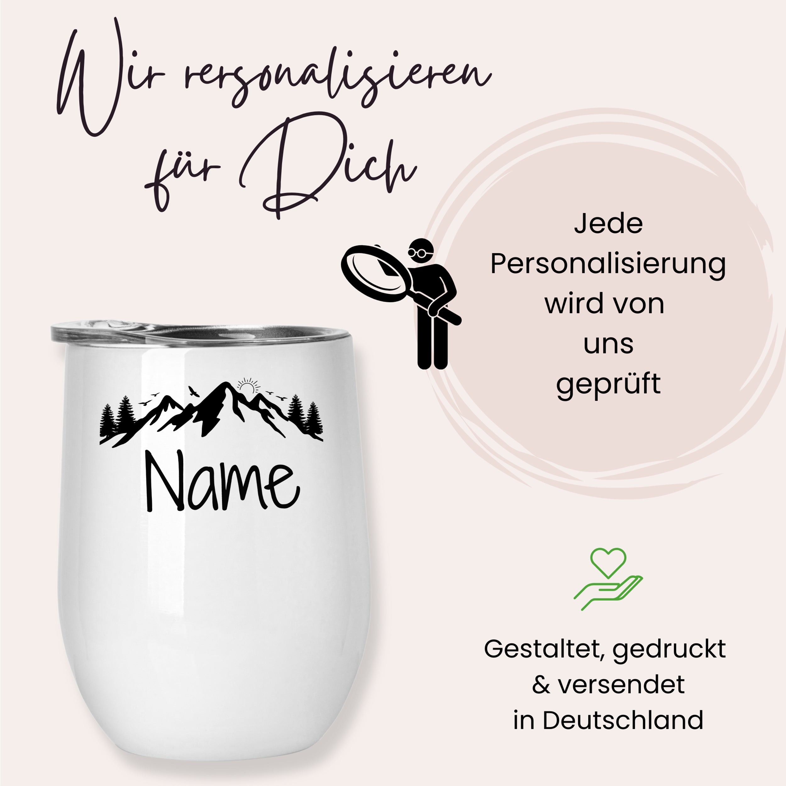 Weißer personalisierter Becher mit Bergmotiv und Name.