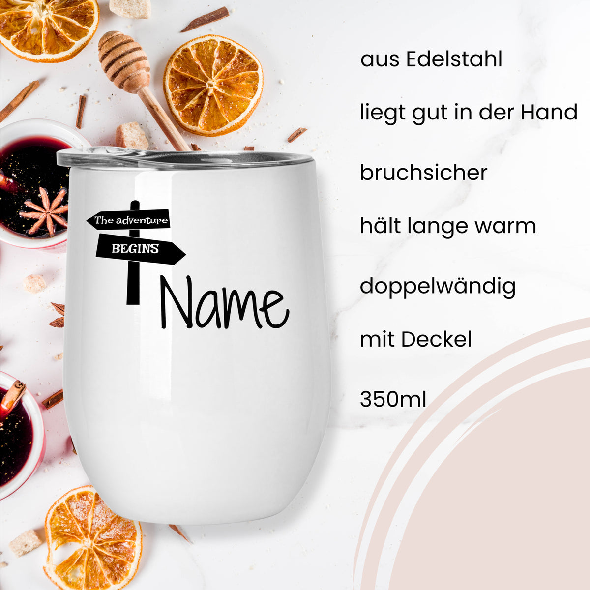 Edelstahlbecher mit Deckel, bruchsicher, 350ml, personalisierbar.