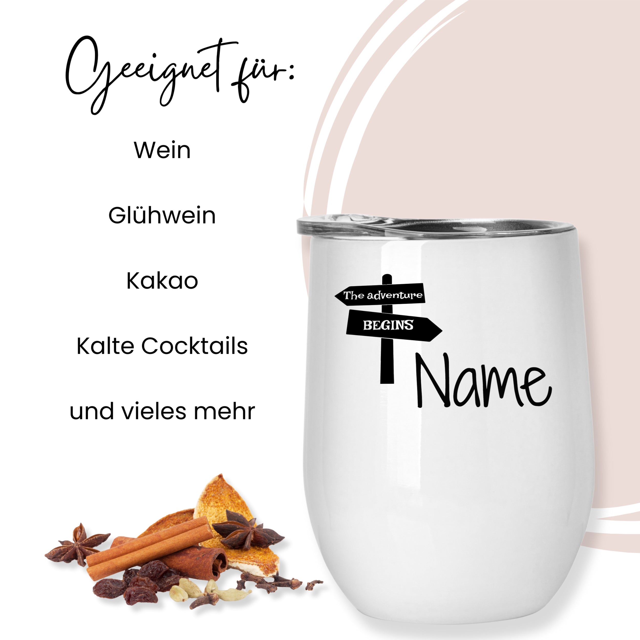 Weißer Becher mit schwarzem Aufdruck für Getränke.