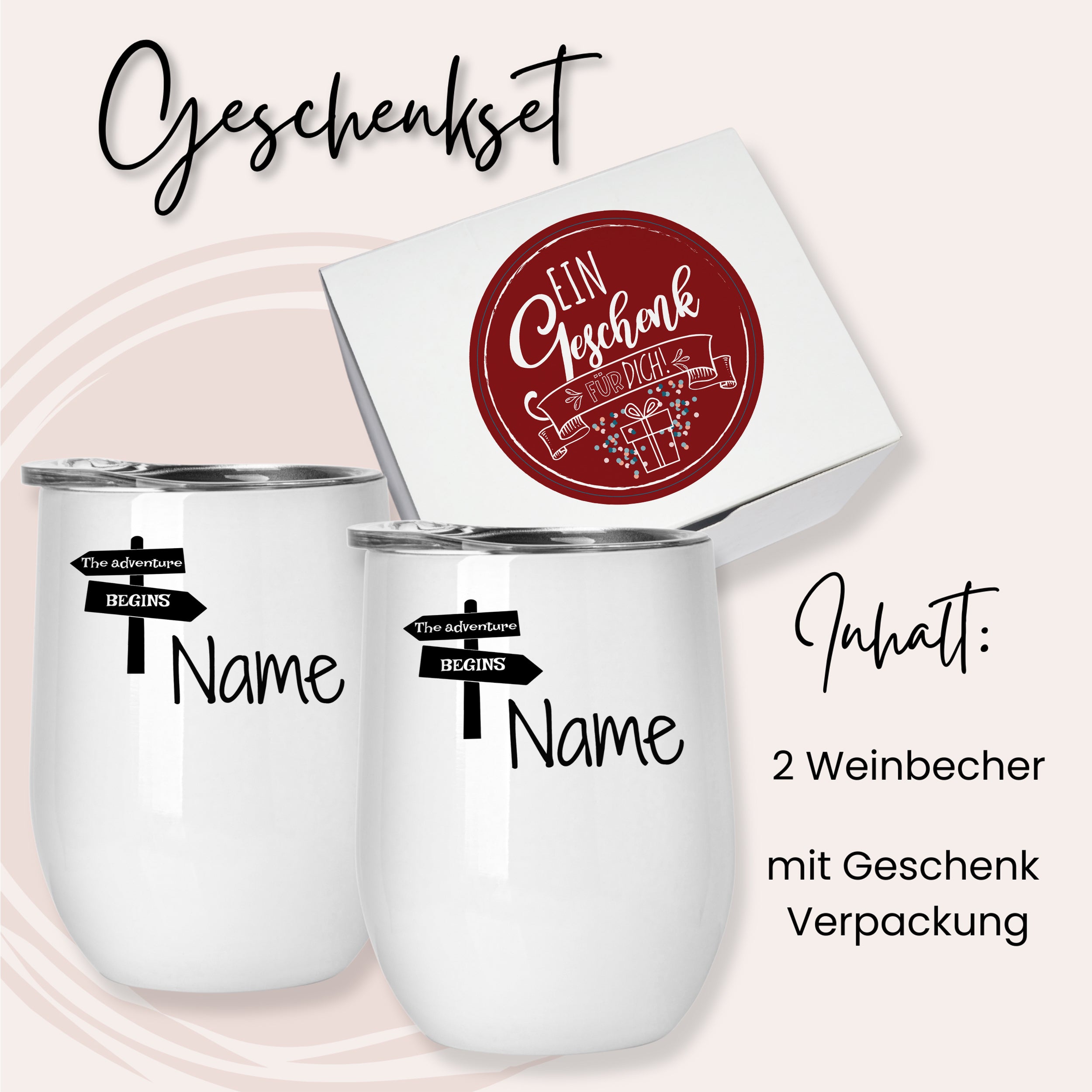 Geschenkset mit zwei weißen Weinbechern und Verpackung