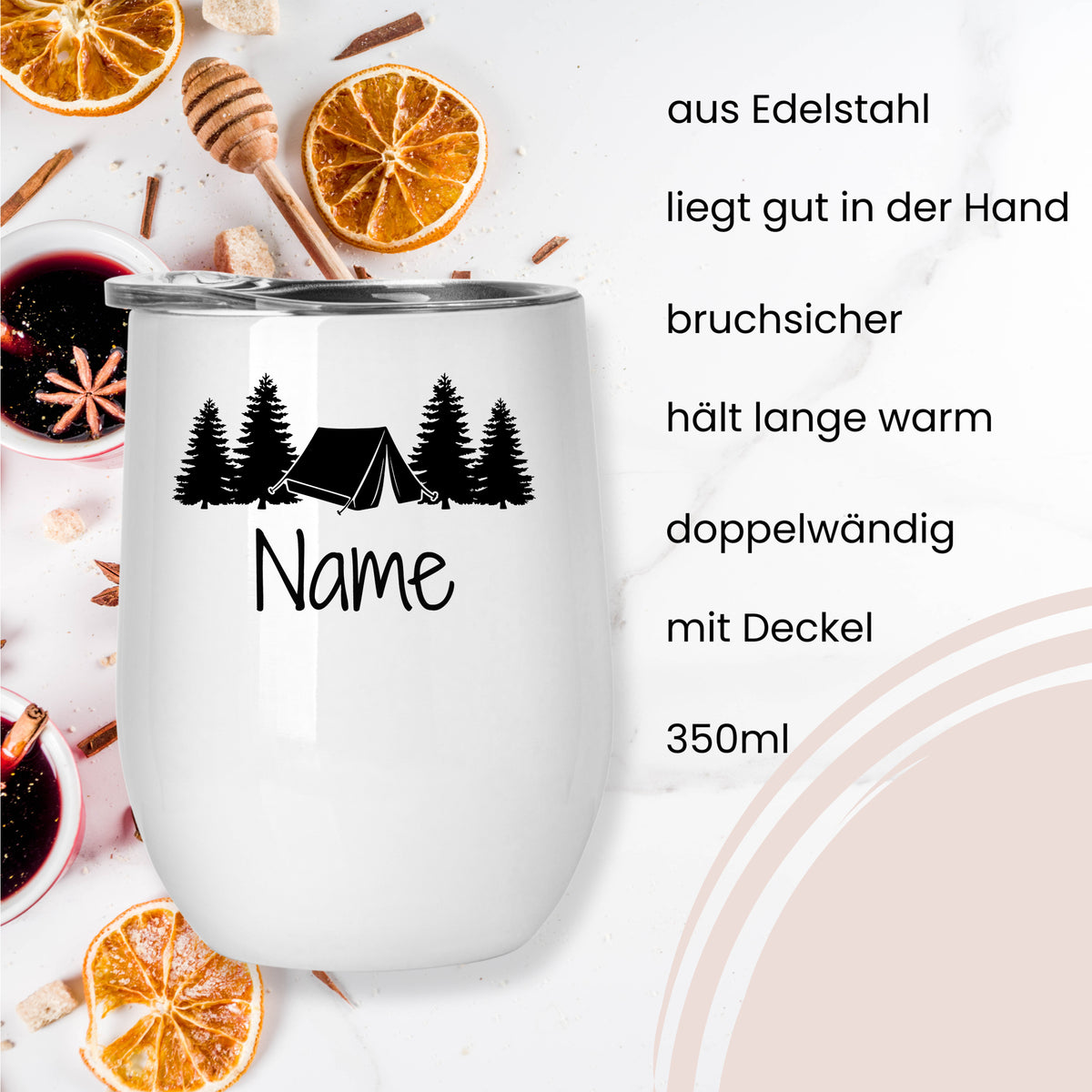 Edelstahlbecher mit Campingmotiv, bruchsicher, 350ml.