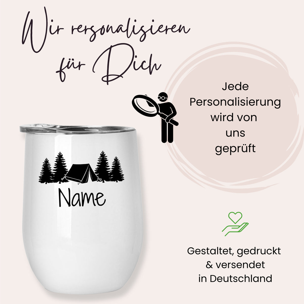 Personalisierbarer weißer Becher mit Camping-Motiv und Namen.