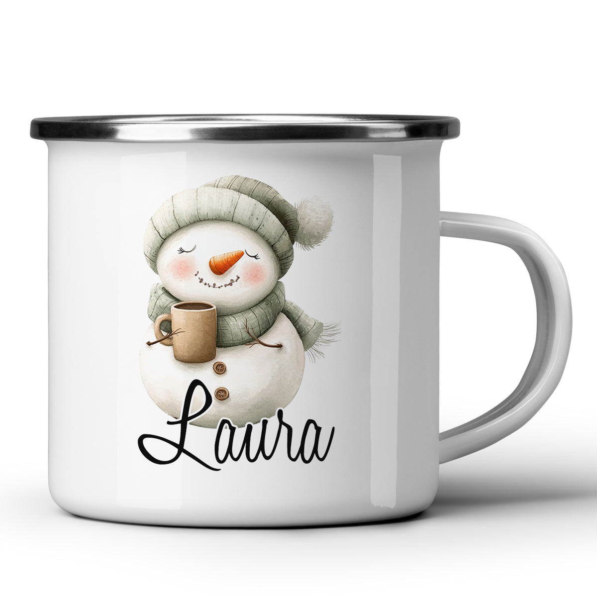 Weißer Emaillebecher mit Schneemann-Design und Namen "Laura".