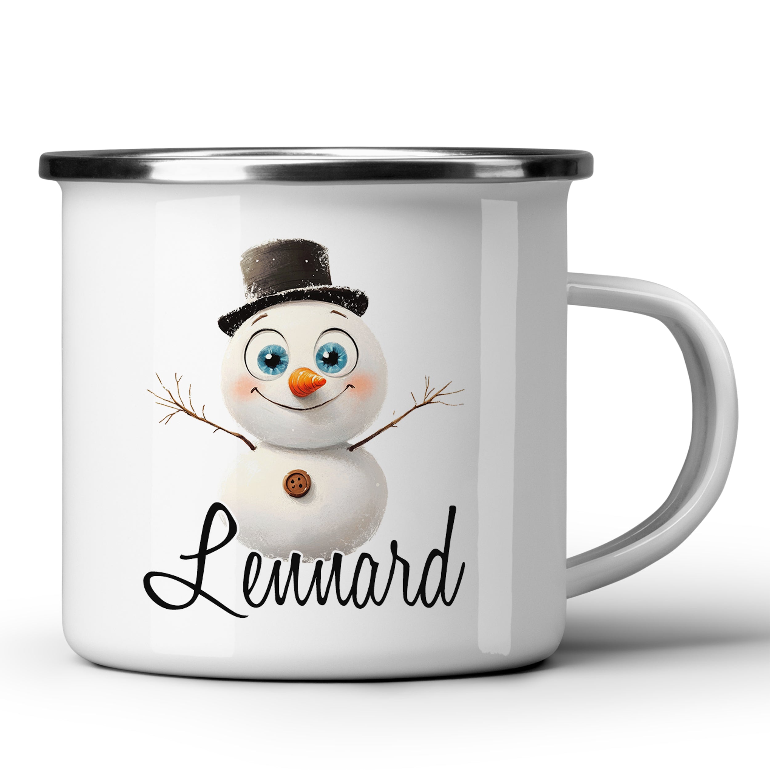 Weißer Emaillebecher mit Schneemann und Namen Lennard.
