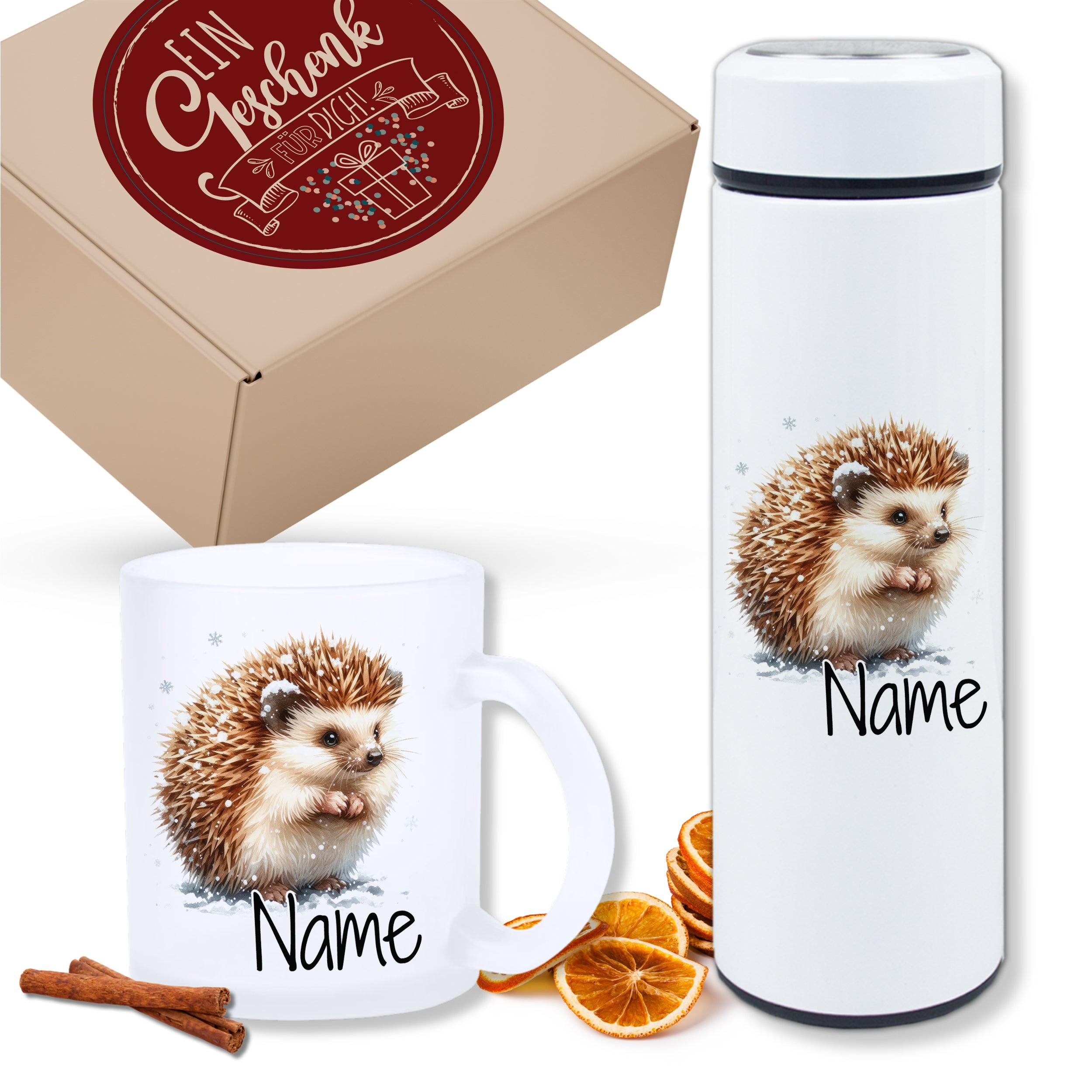 Tasse und Thermobecher mit Igel-Motiv, personalisierbar.