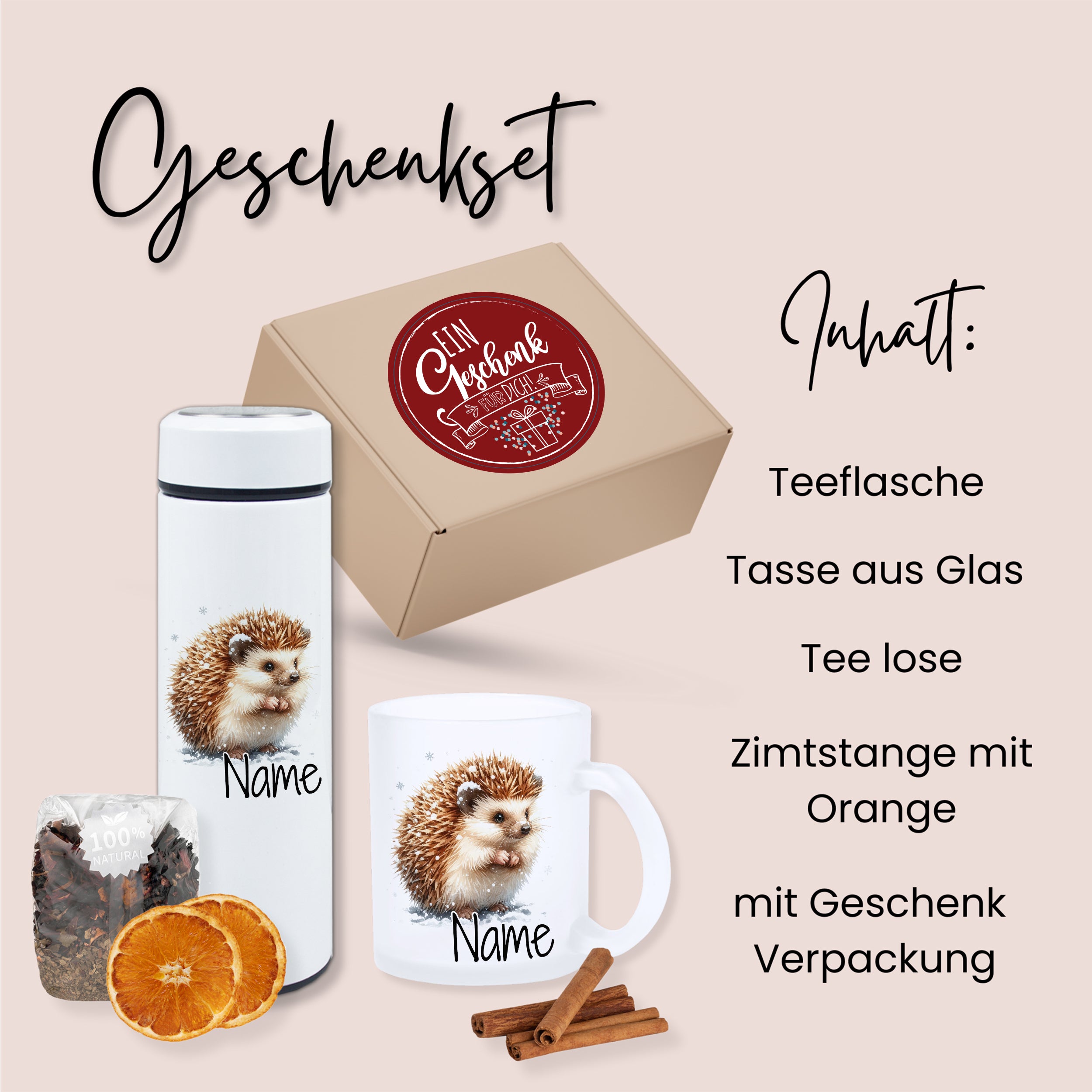 Geschenkset mit Teeflasche, Glas-Tasse und Zimtstange.
