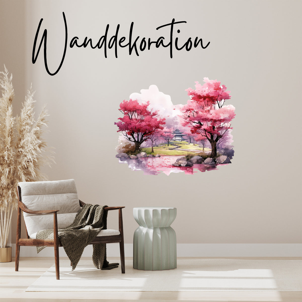 Wandtattoo mit rosa Kirschblüten und Teichlandschaft vor Wanddekor-Schriftzug