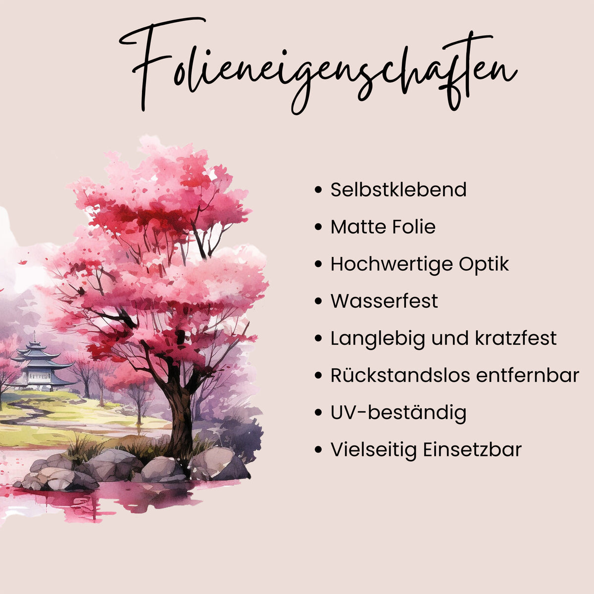 Infografik zum Wandtattoo mit Kirschblüten und aufgelisteten Folieneigenschaften
