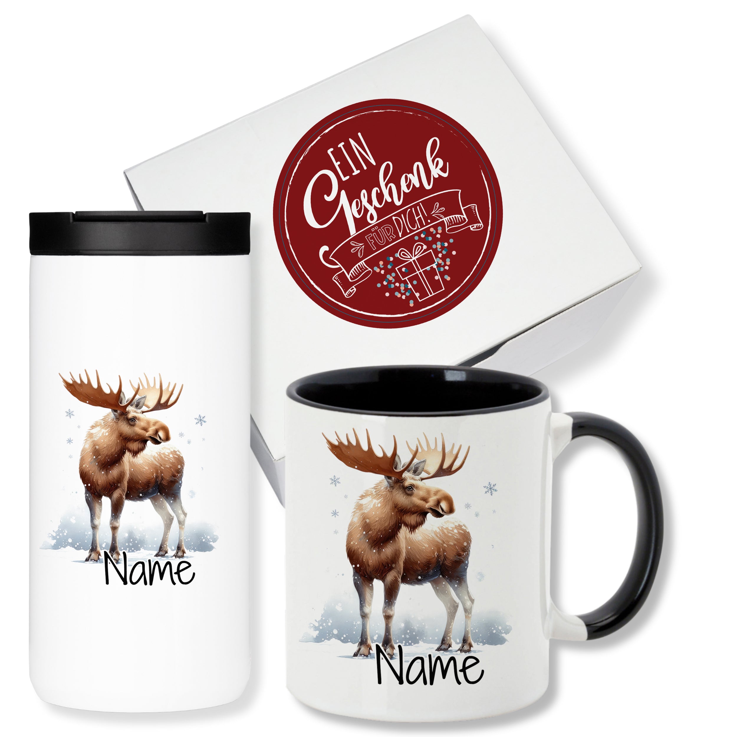 Tasse und Thermobecher mit Elch-Motiv, personalisierbar.