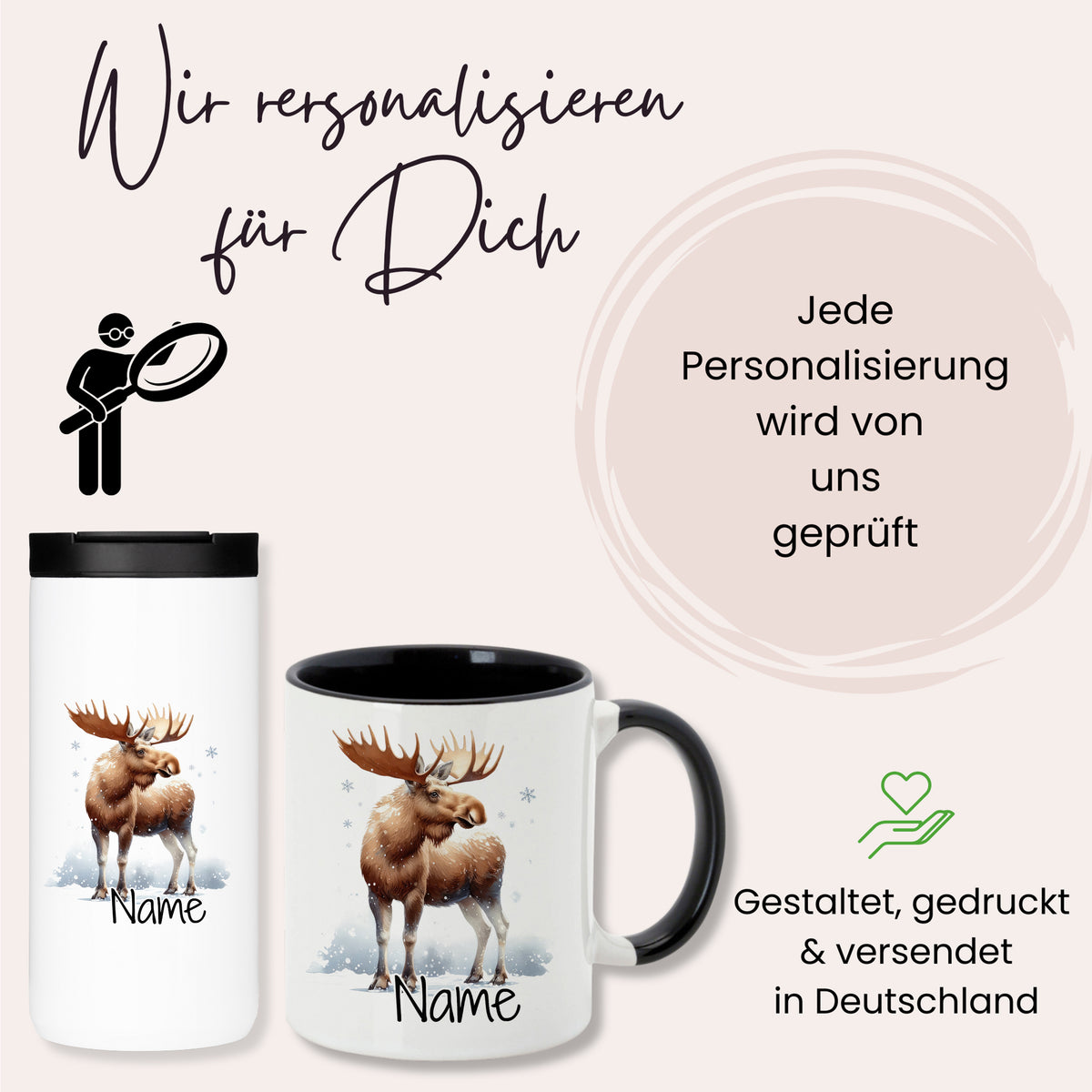 Personalisierte Tassen und Becher mit Elch-Motiv.