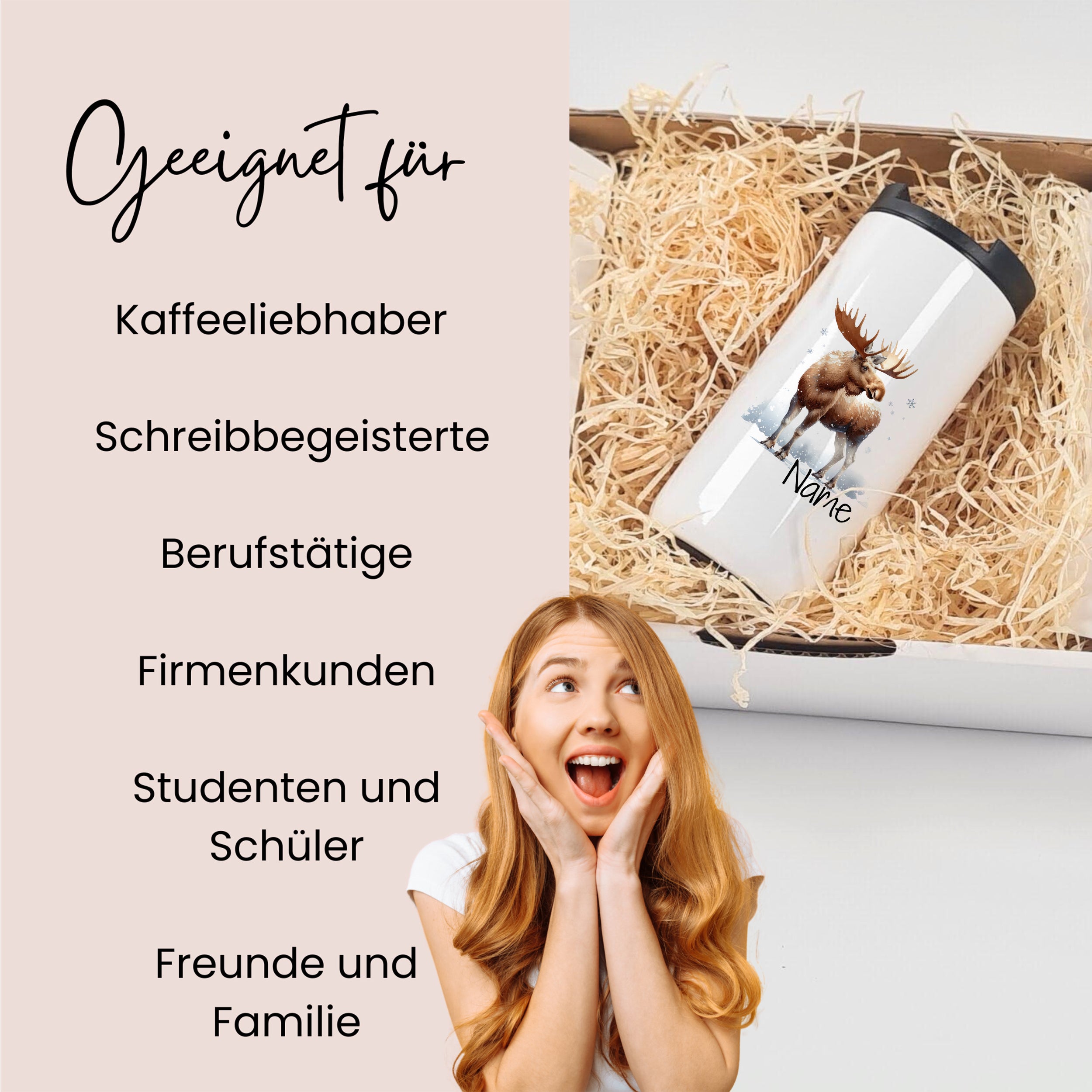 Thermo-Becher mit Elch-Motiv, weiß, ideal für Kaffeeliebhaber.