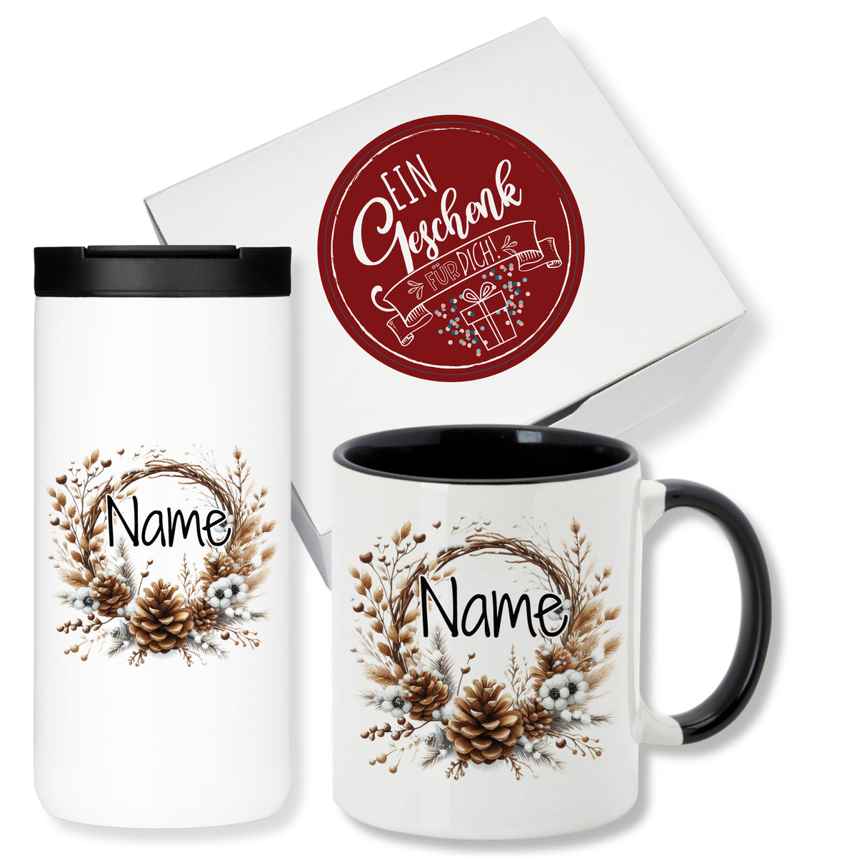 Personalisierte Tasse und Thermobecher mit Naturdesign.