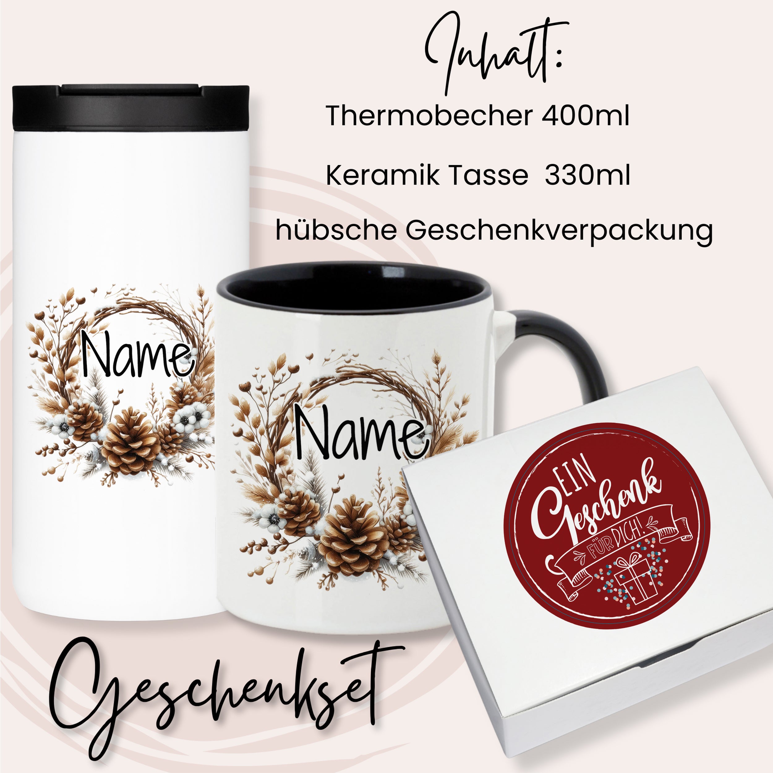 Geschenkset mit Thermobecher und Keramiktasse, weiß.