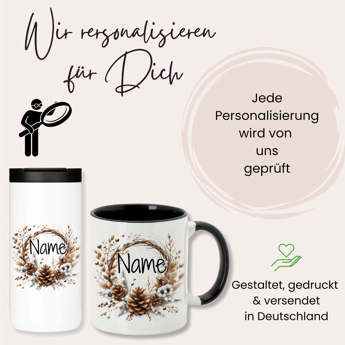 Personalisierte Tasse und Thermobecher mit Namen, weiß und schwarz.