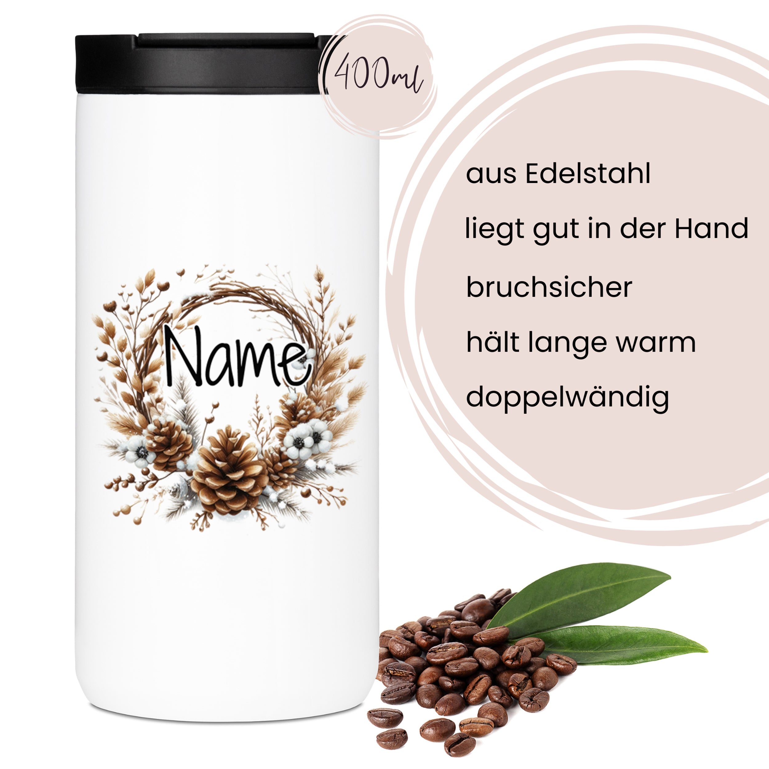 Weißer Edelstahlbecher mit floralem Design, 400ml.