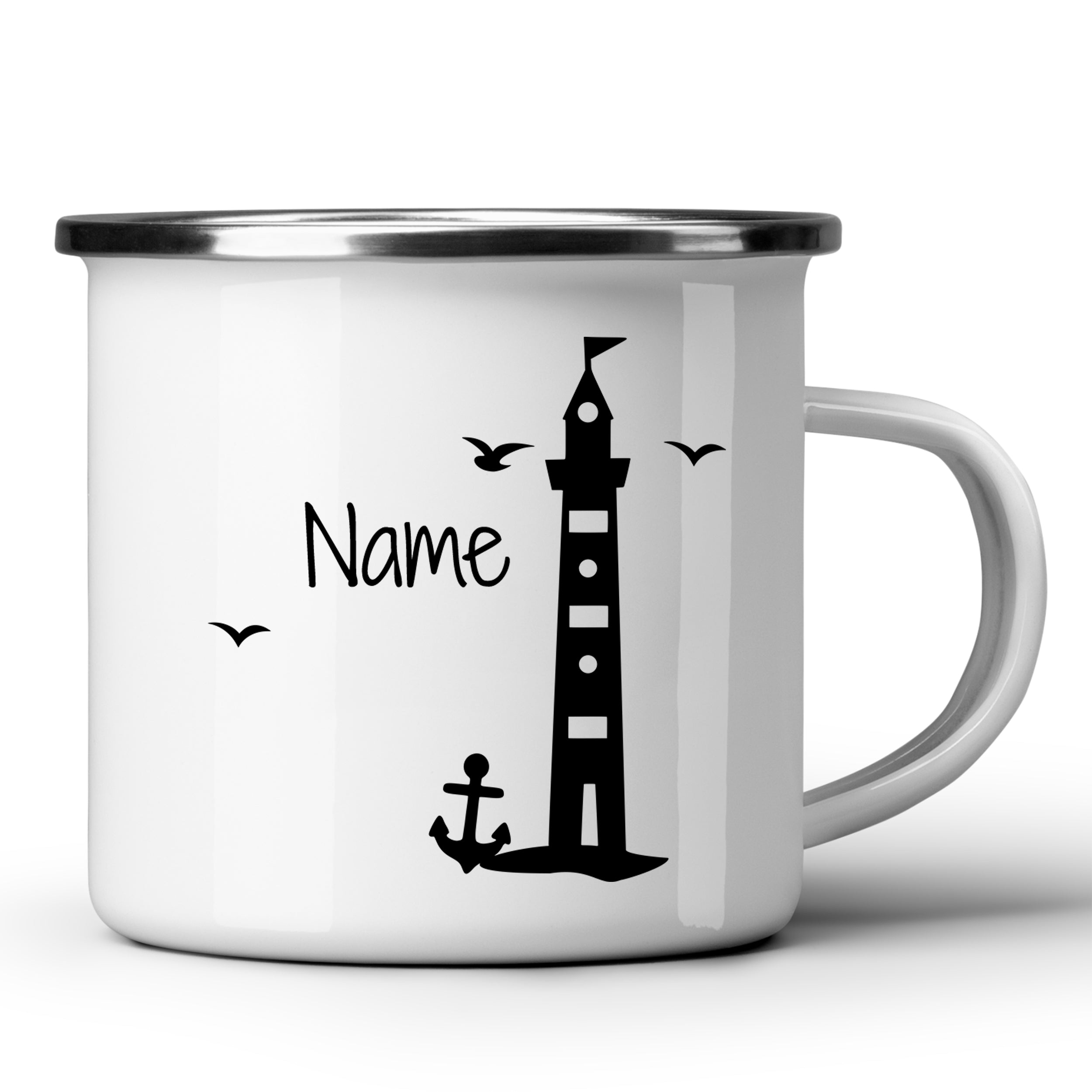 Weißer Emaillebecher mit schwarzem Leuchtturm und Anker.