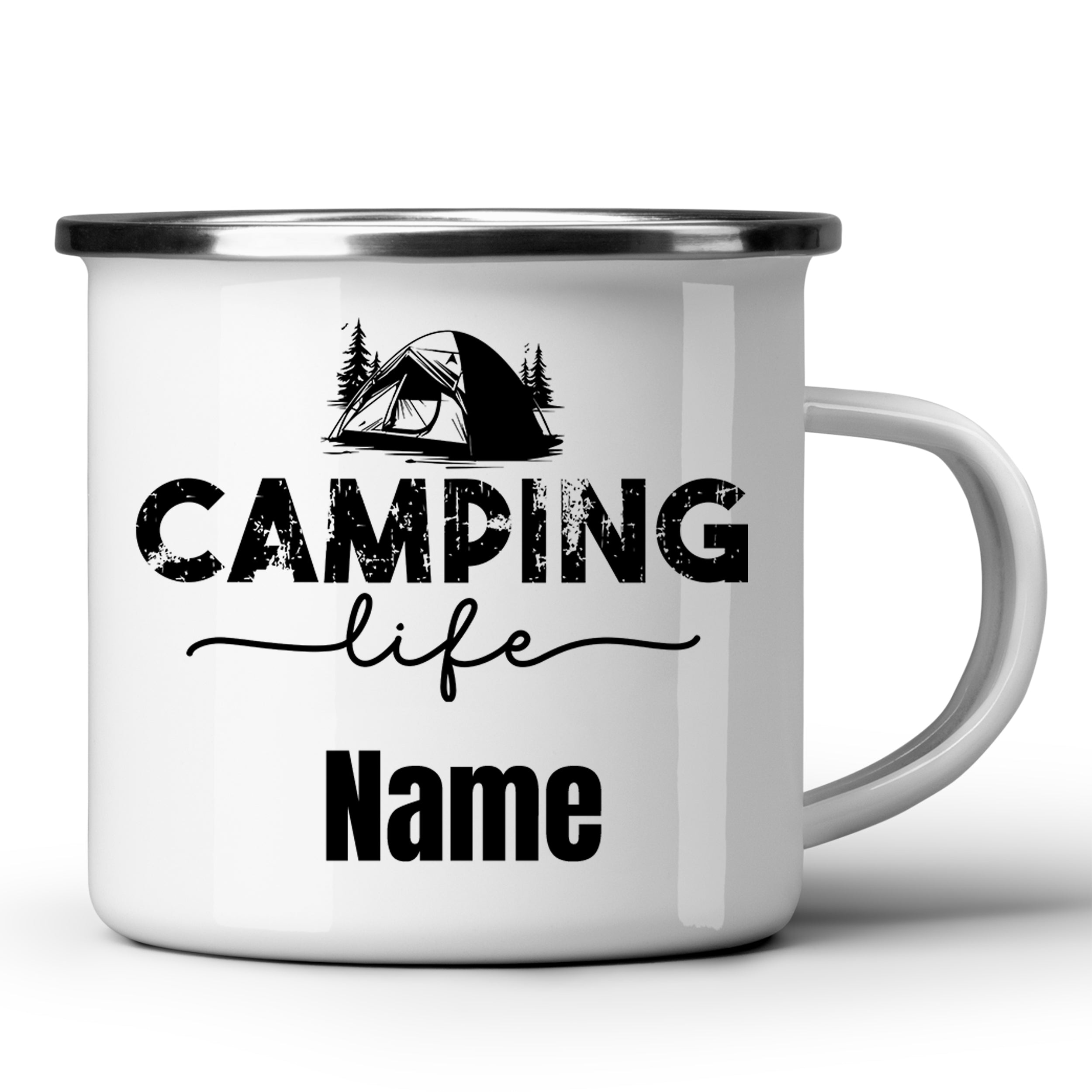 Weißer Emaille-Becher mit Camping-Motiv und personalisierbarem Namen.