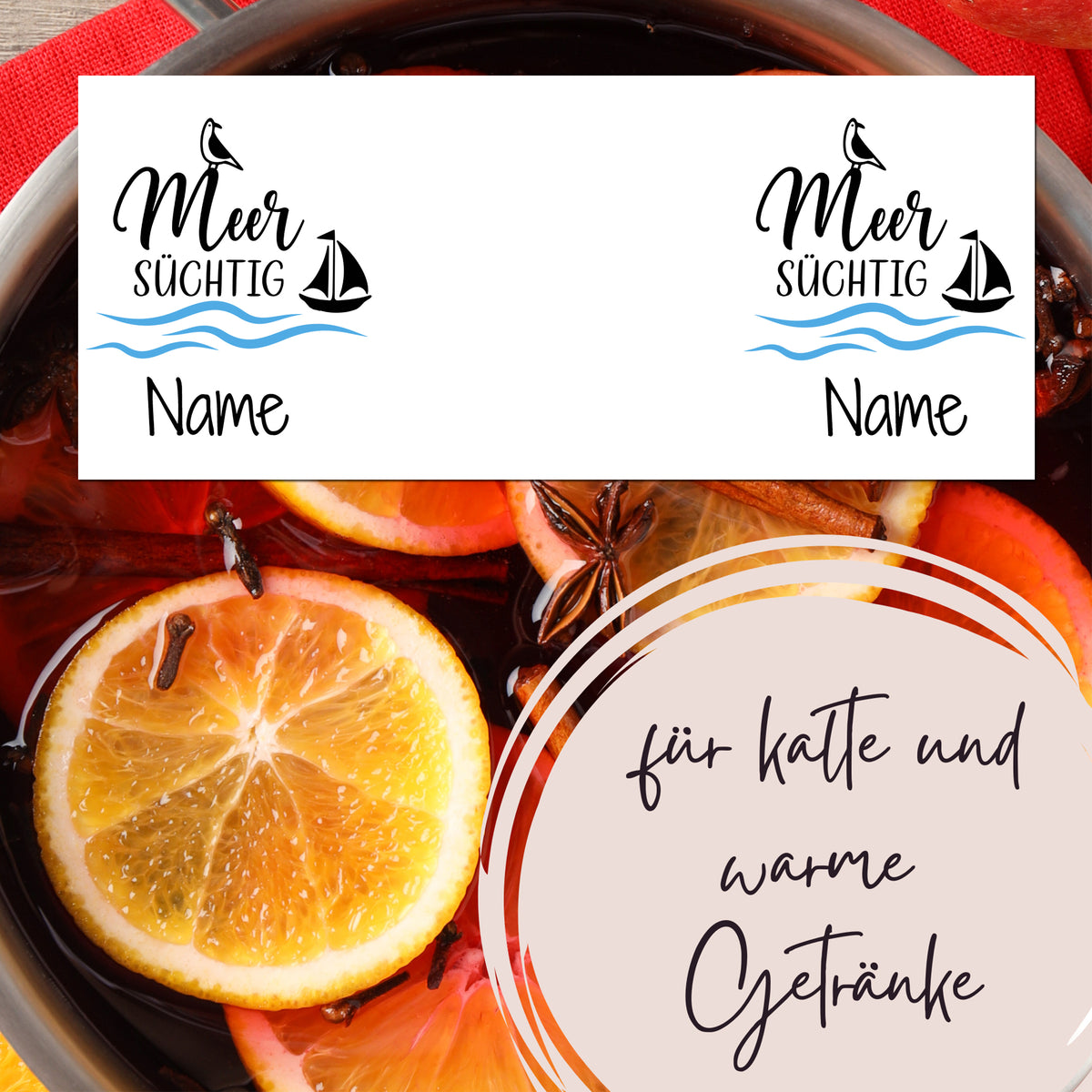 Personalisierte Etiketten für Getränke, maritime Farben, Zitrusfrüchte.