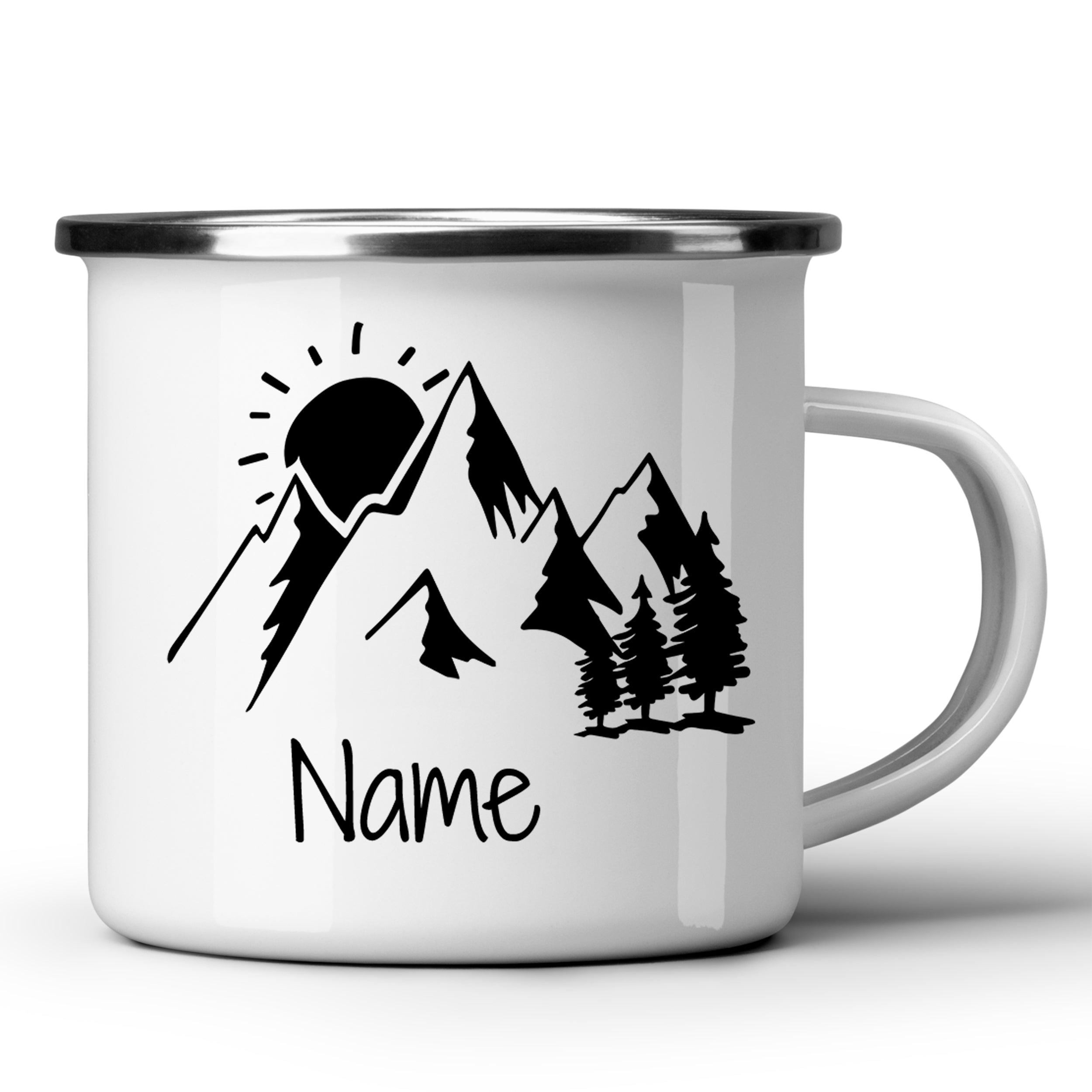 Weißer Emaillebecher mit Bergmotiv und personalisierbarem Namen.