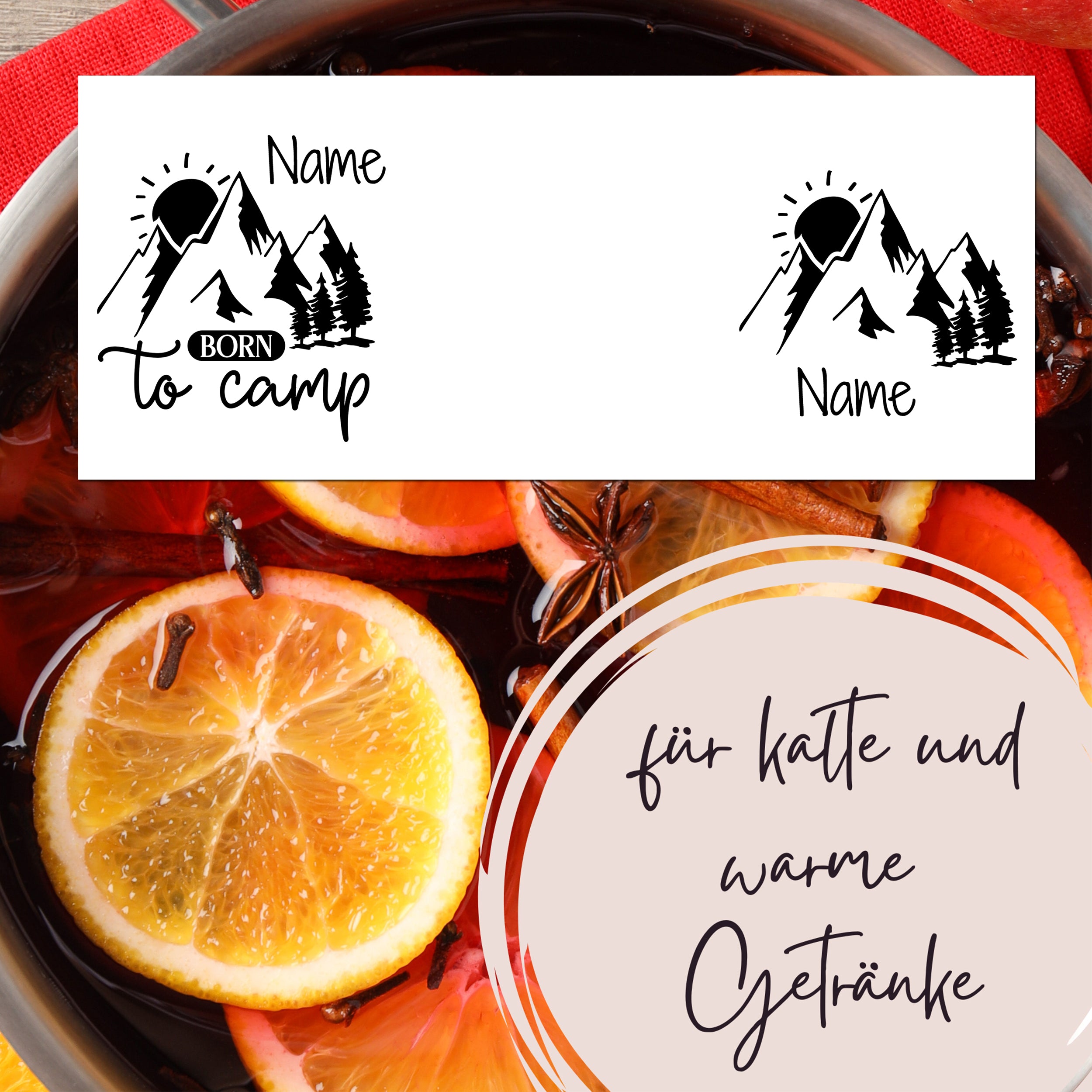 Personalisierbare Camping-Tasse mit Bergmotiv und orangefarbenen Zitrusfrüchten.