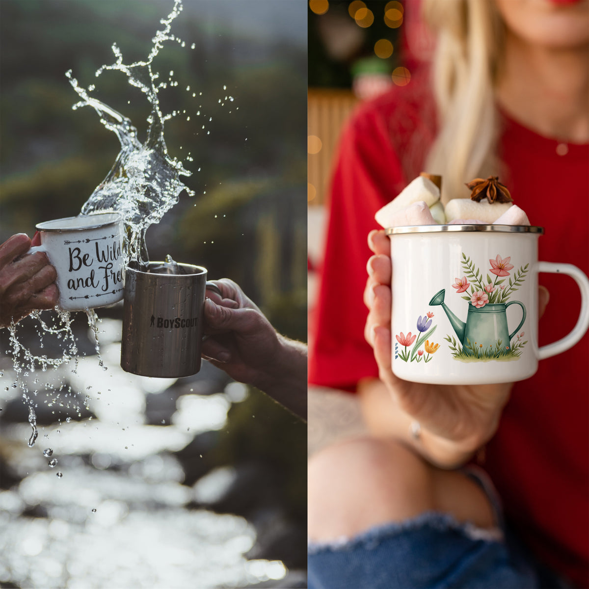 Bunte Tasse mit Gießkanne und Spruchbecher in Natur.
