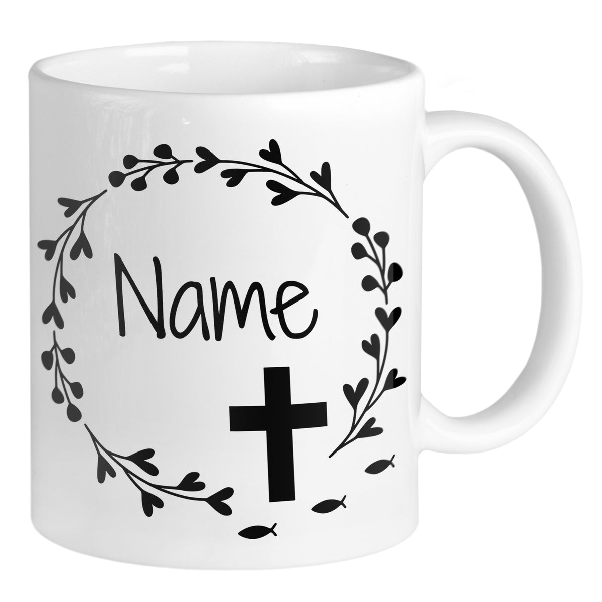 Weißer Becher mit floralem Muster, Name und Kreuz.