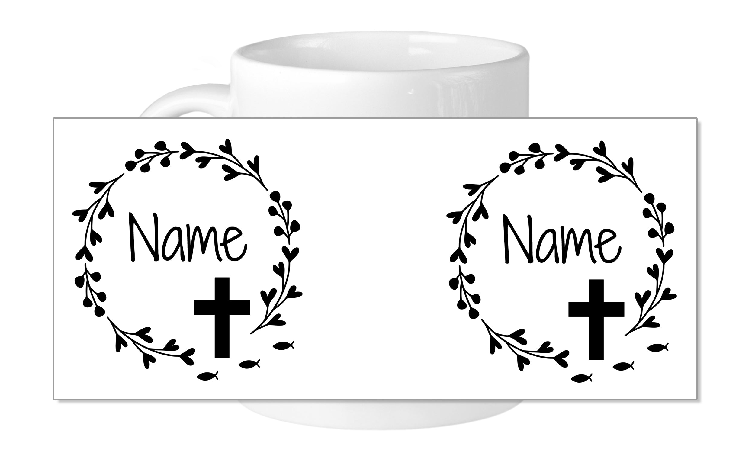 Weiße Tasse mit schwarzem Kreuz und Namen.