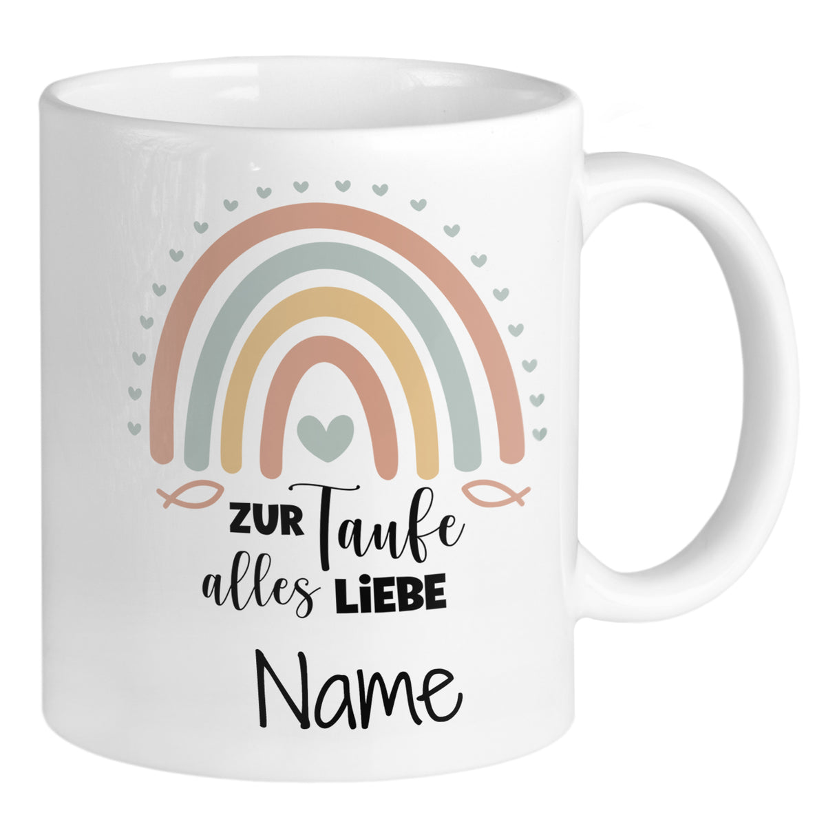 Tasse mit Regenbogenmotiv zur Taufe, personalisierbar.