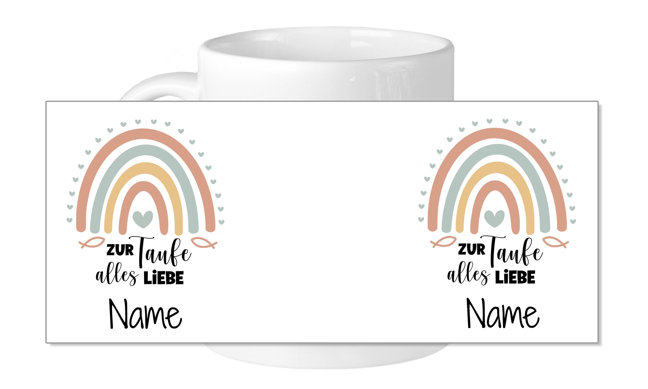 Tasse mit Regenbogenmotiv zur Taufe, personalisierbar.