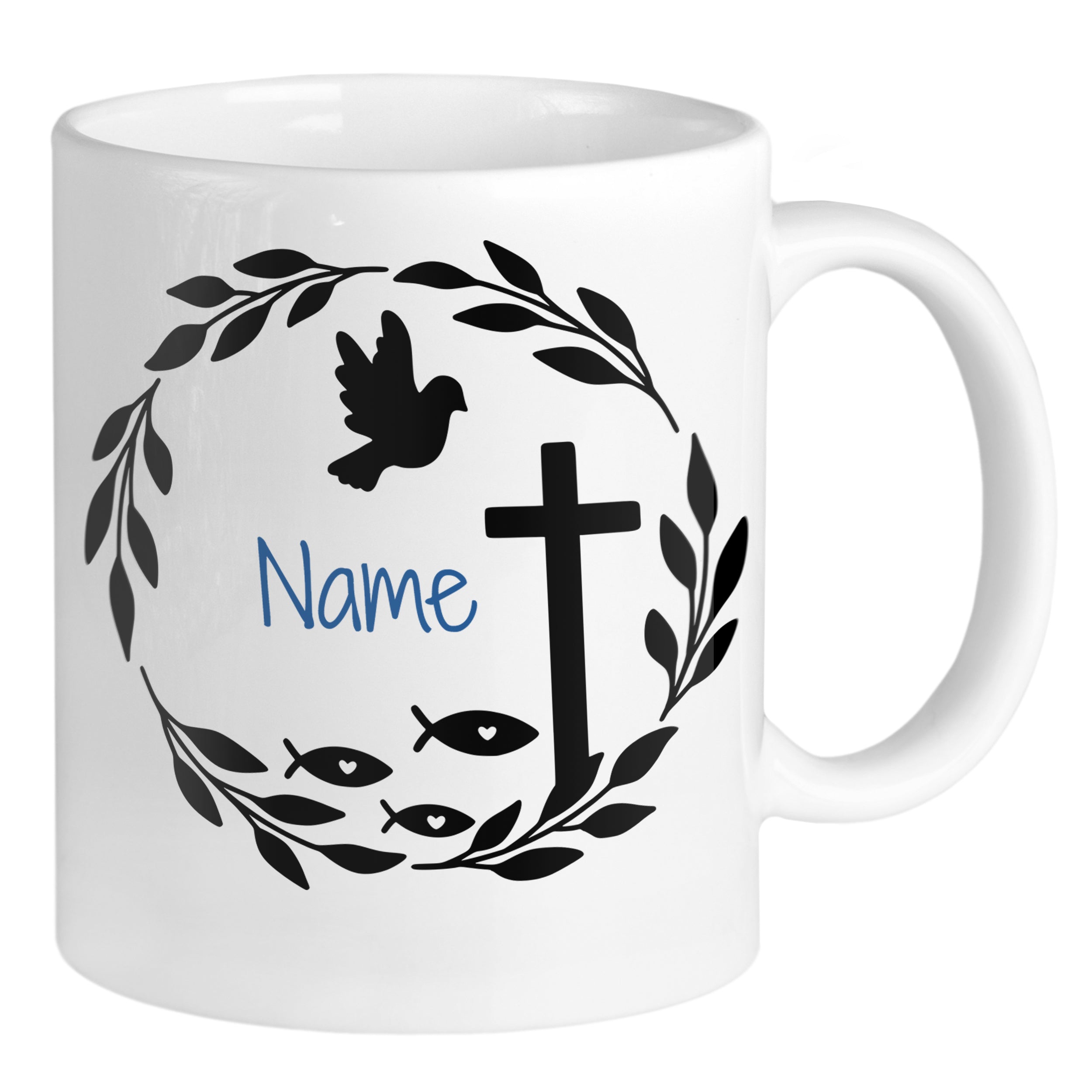 Weißer Becher mit Kreuz, Fischsymbolen und personalisierbarem Namen.