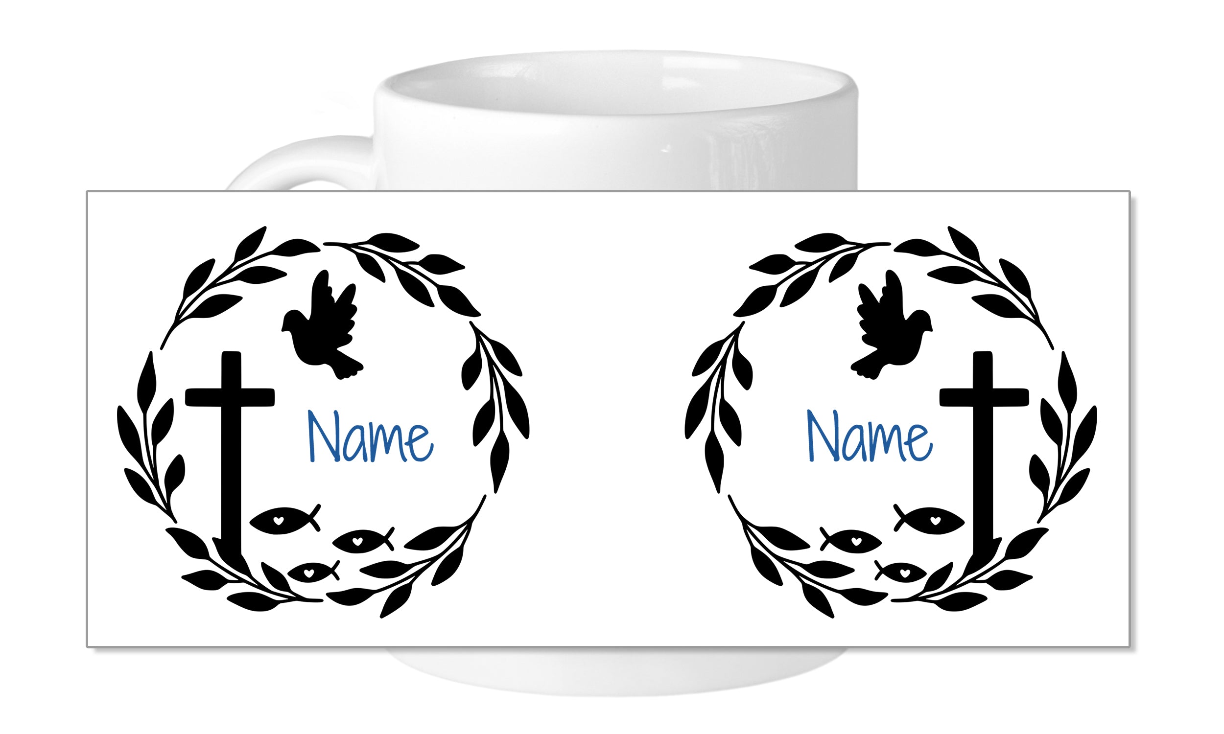 Weißer Becher mit schwarzem Kreuz und Taube, personalisierbar.