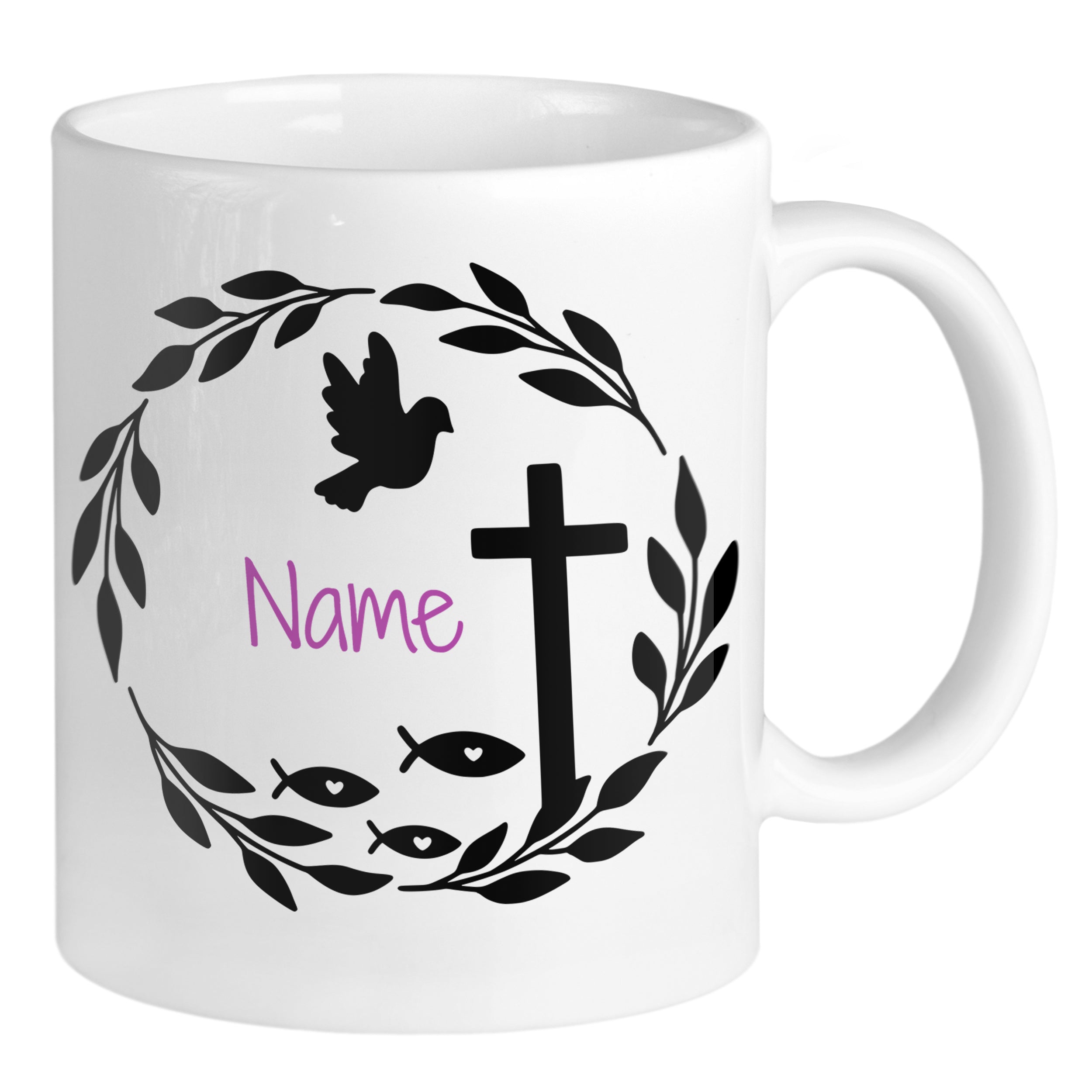 Weißer Becher mit schwarzem Kreuz, Fischsymbolen und Taube.