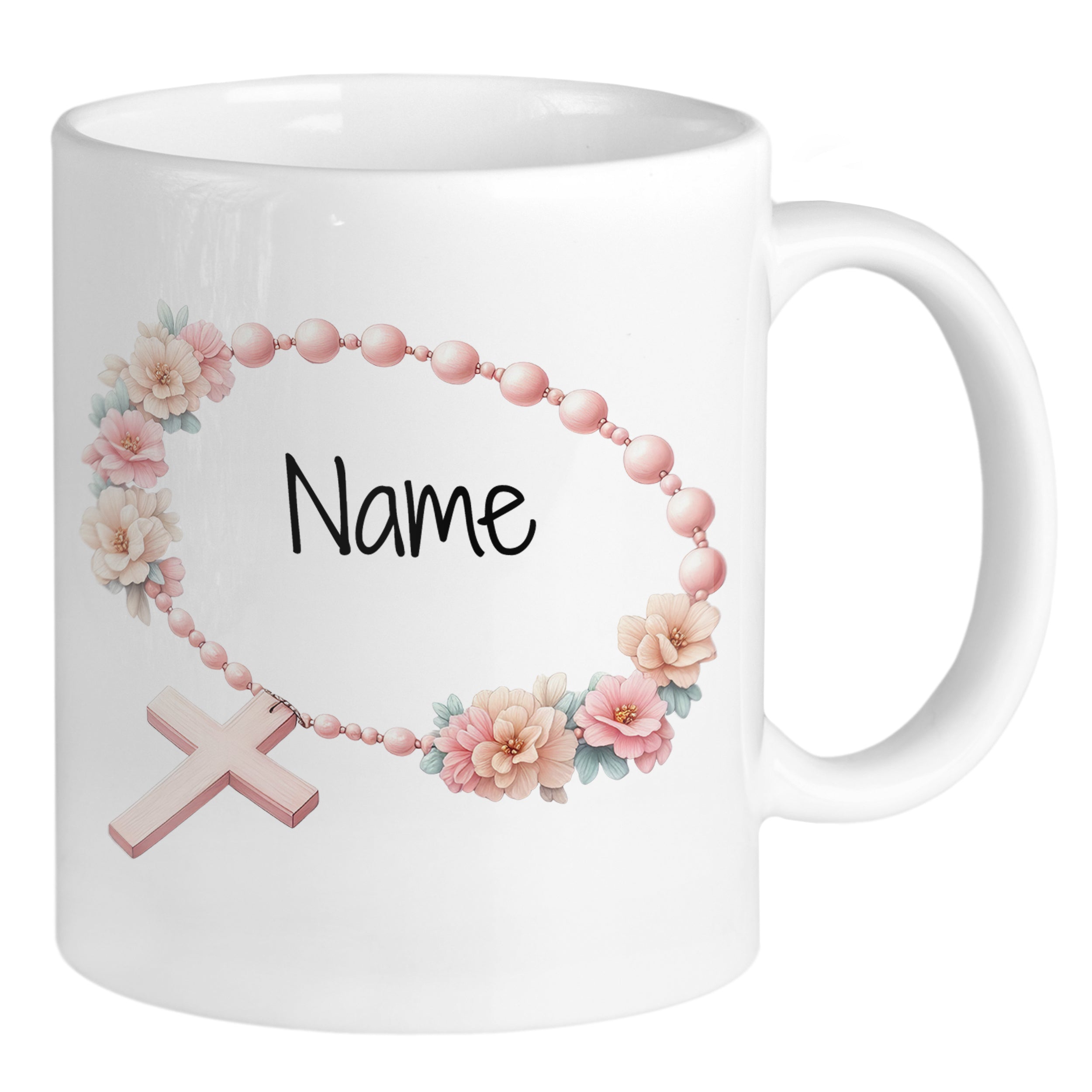 Weißer Becher mit rosa Blumen und Kreuzdesign.