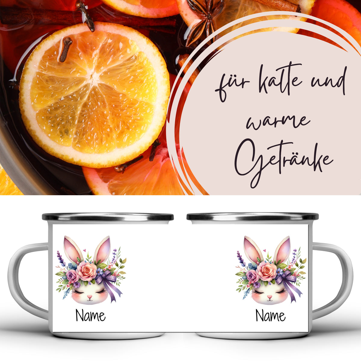 Tassen mit Hasenmotiv und bunten Blumen, für warme Getränke.