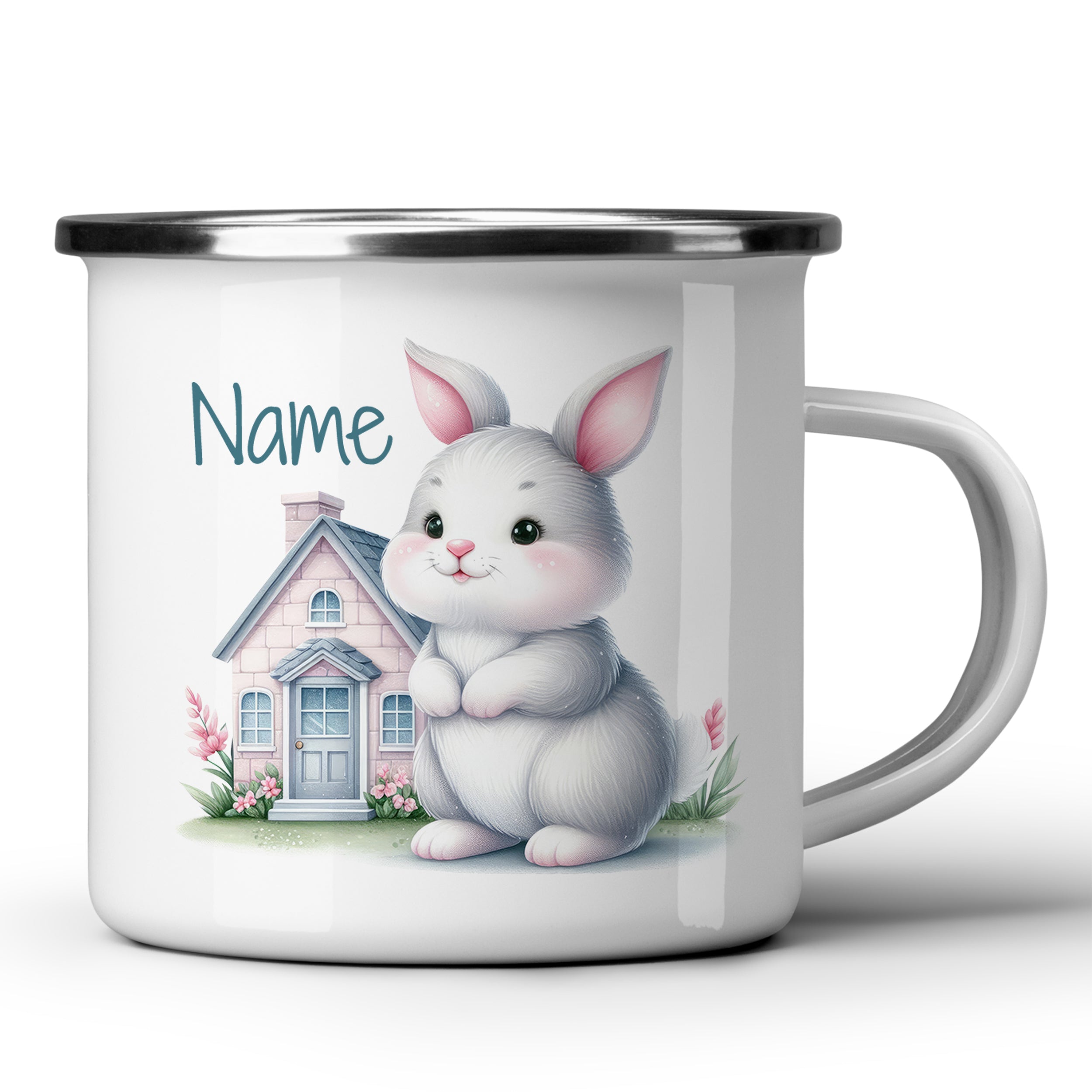 Weißer Emaille-Becher mit niedlichem Kaninchen und Haus.