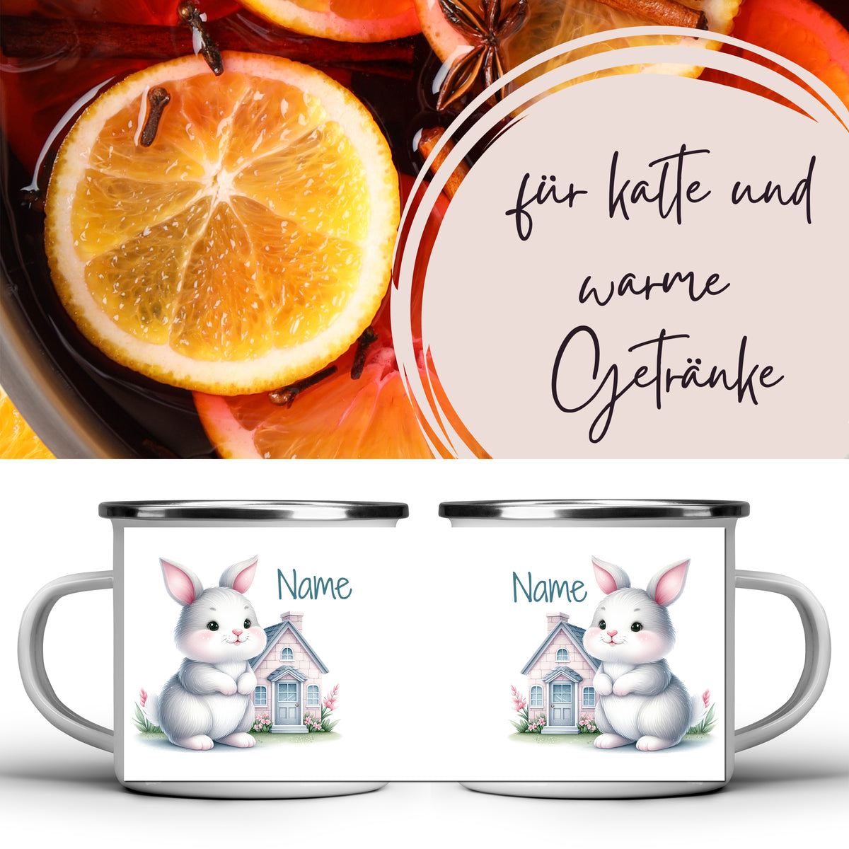 Personalisierbare Emaille-Tassen mit niedlichem Hasenmotiv.