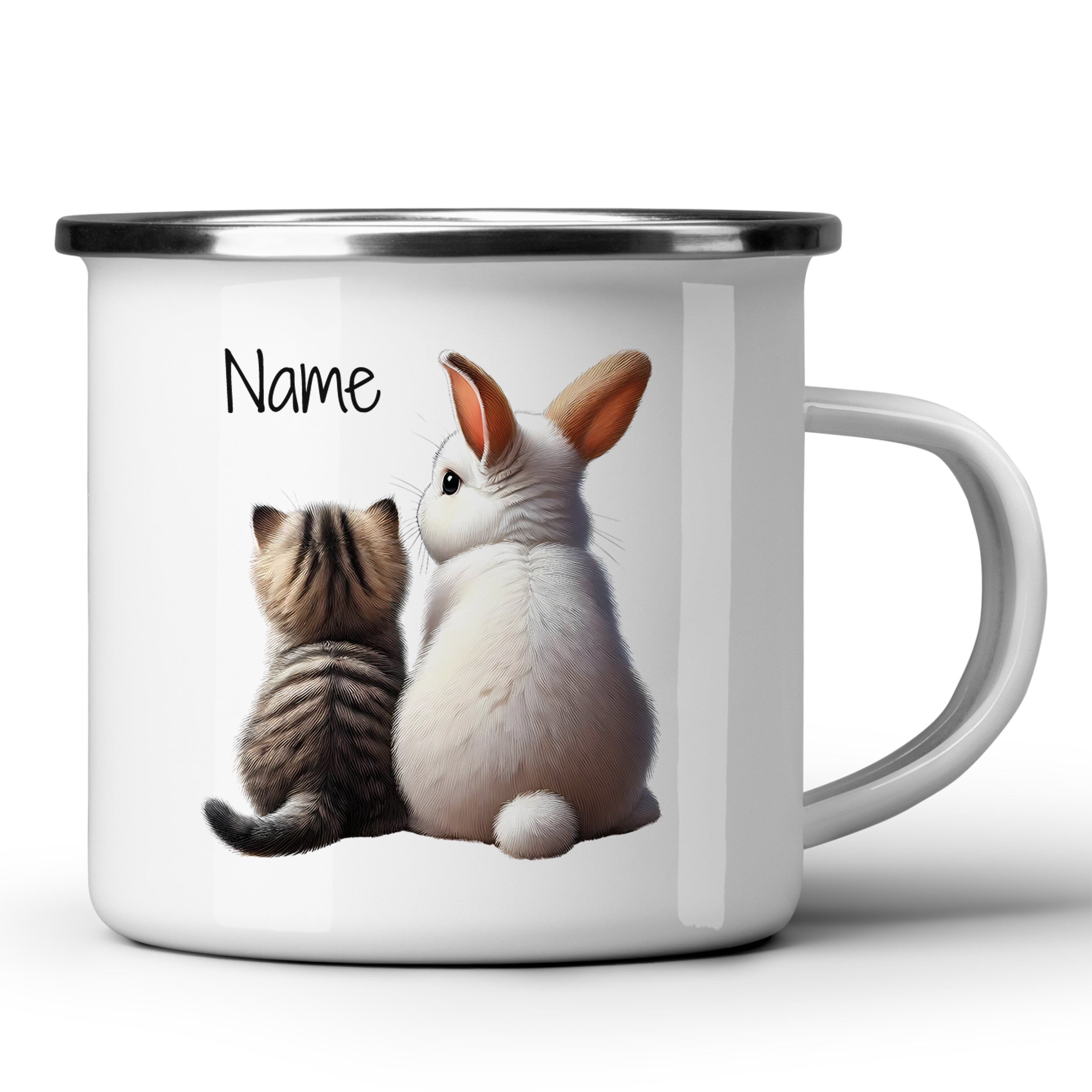 Weißer Emaillebecher mit Katze und Hase, personalisierbar.