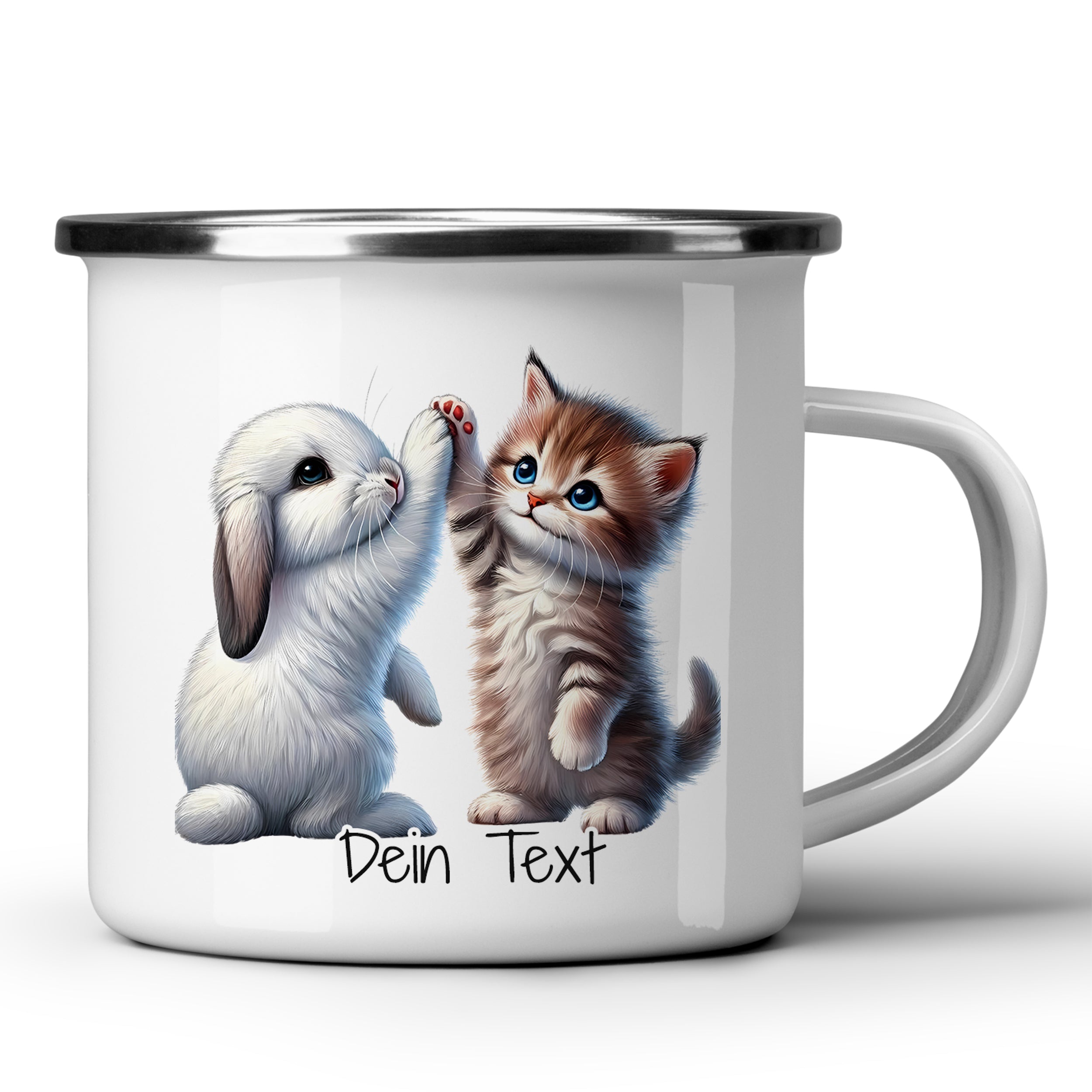 Weißer Emaillebecher mit Katze und Hase, personalisierbar.
