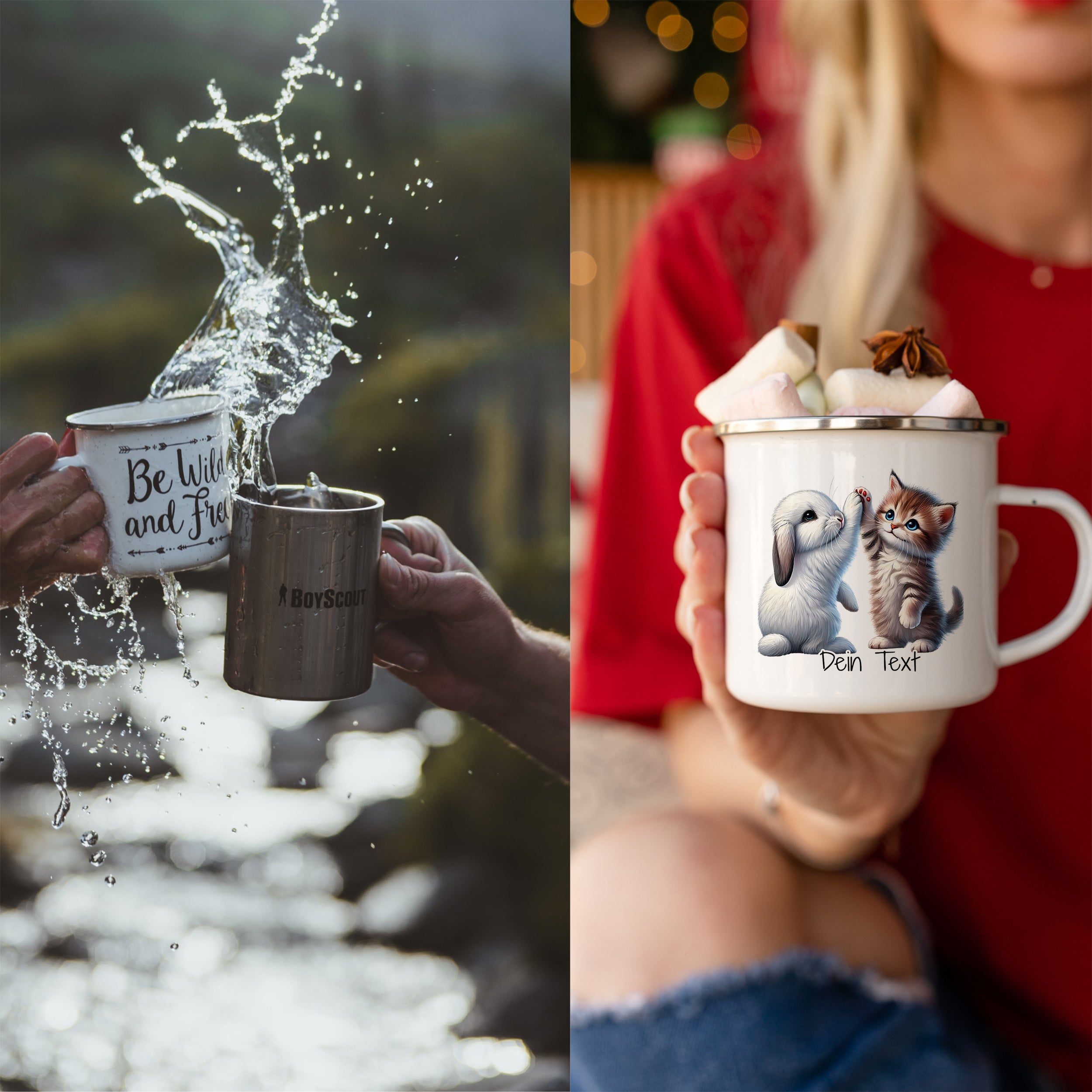 Tassen mit Sprüchen und Tiermotiven, eine silberne und eine weiße.