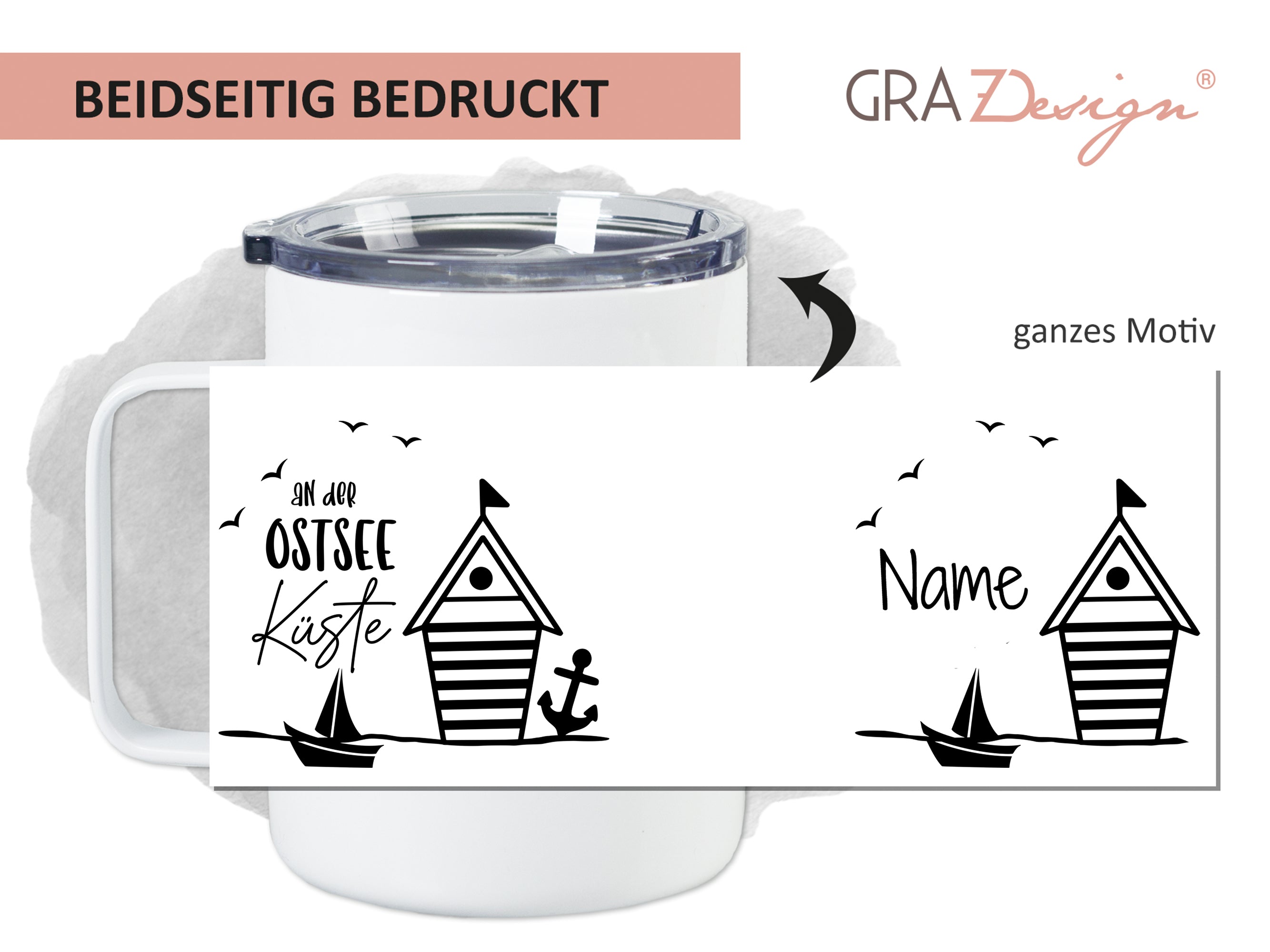 Becher mit maritimem Design, schwarz-weiß, personalisierbar.
