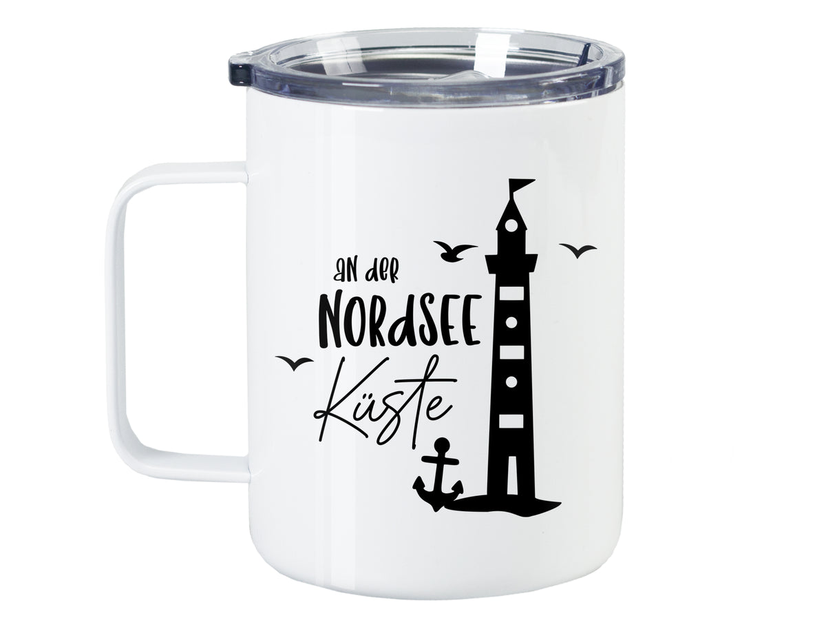 Tasse mit schwarzem Leuchtturm und Schriftzug Nordsee Küste