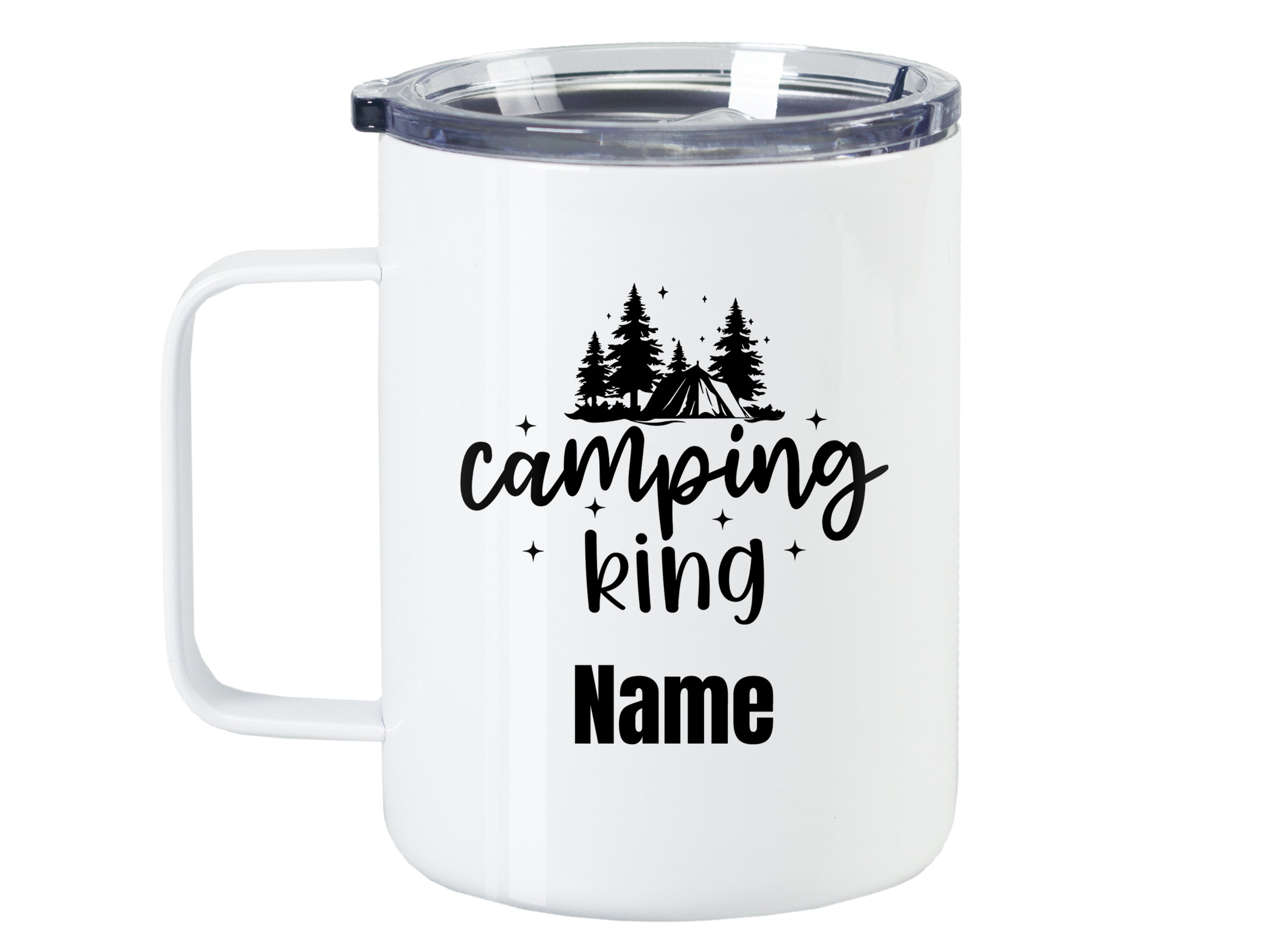 Weißer Campingbecher mit schwarzem Aufdruck "Camping King" und Namen.