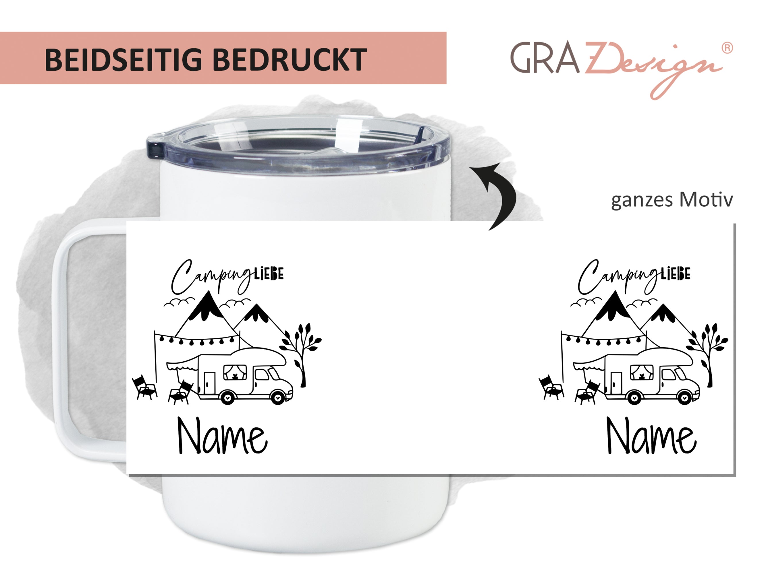 Becher mit Campingmotiv, schwarz-weiß, personalisierbar.