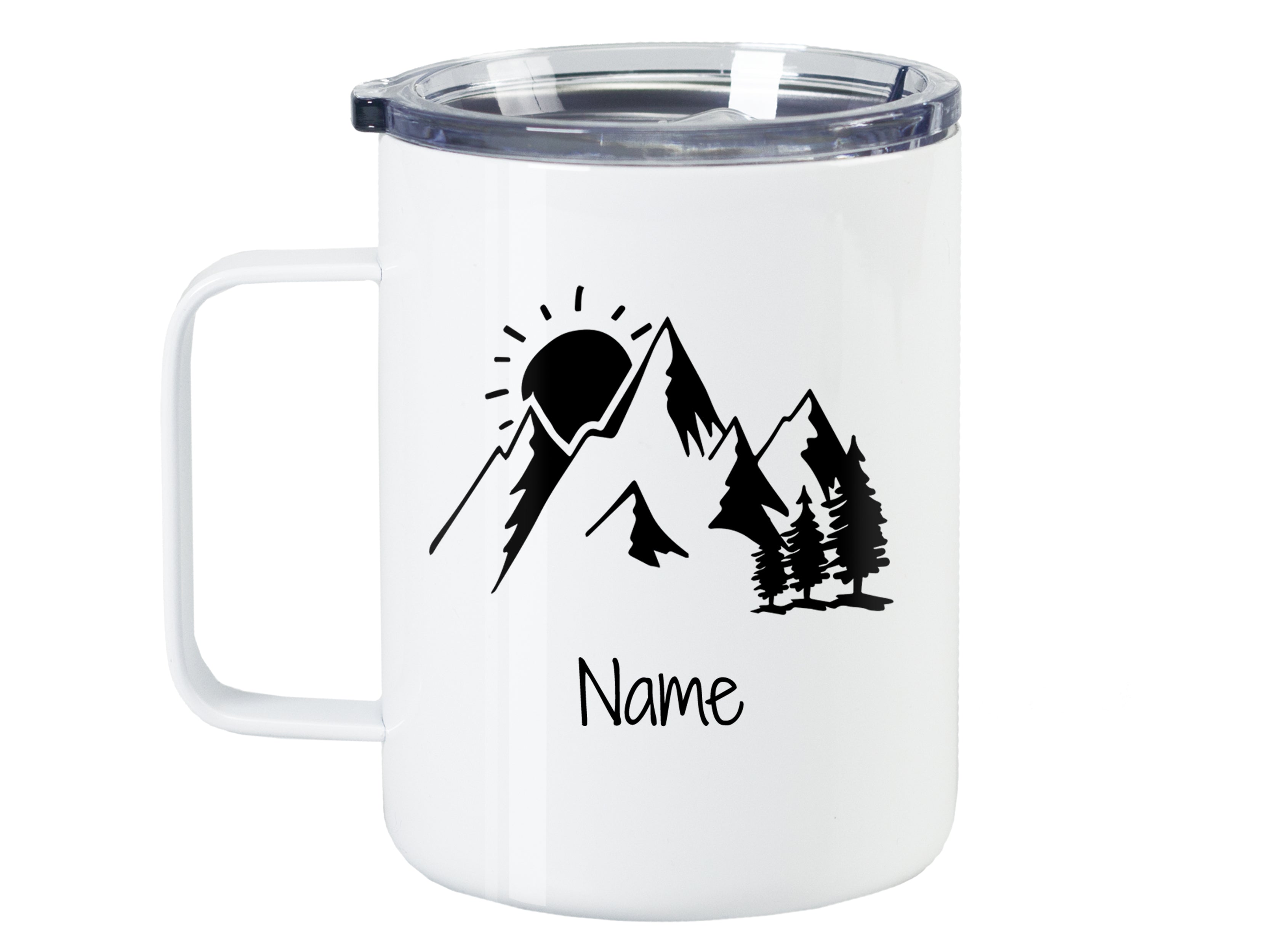 Weißer Becher mit Bergmotiv und personalisierbarem Namen.